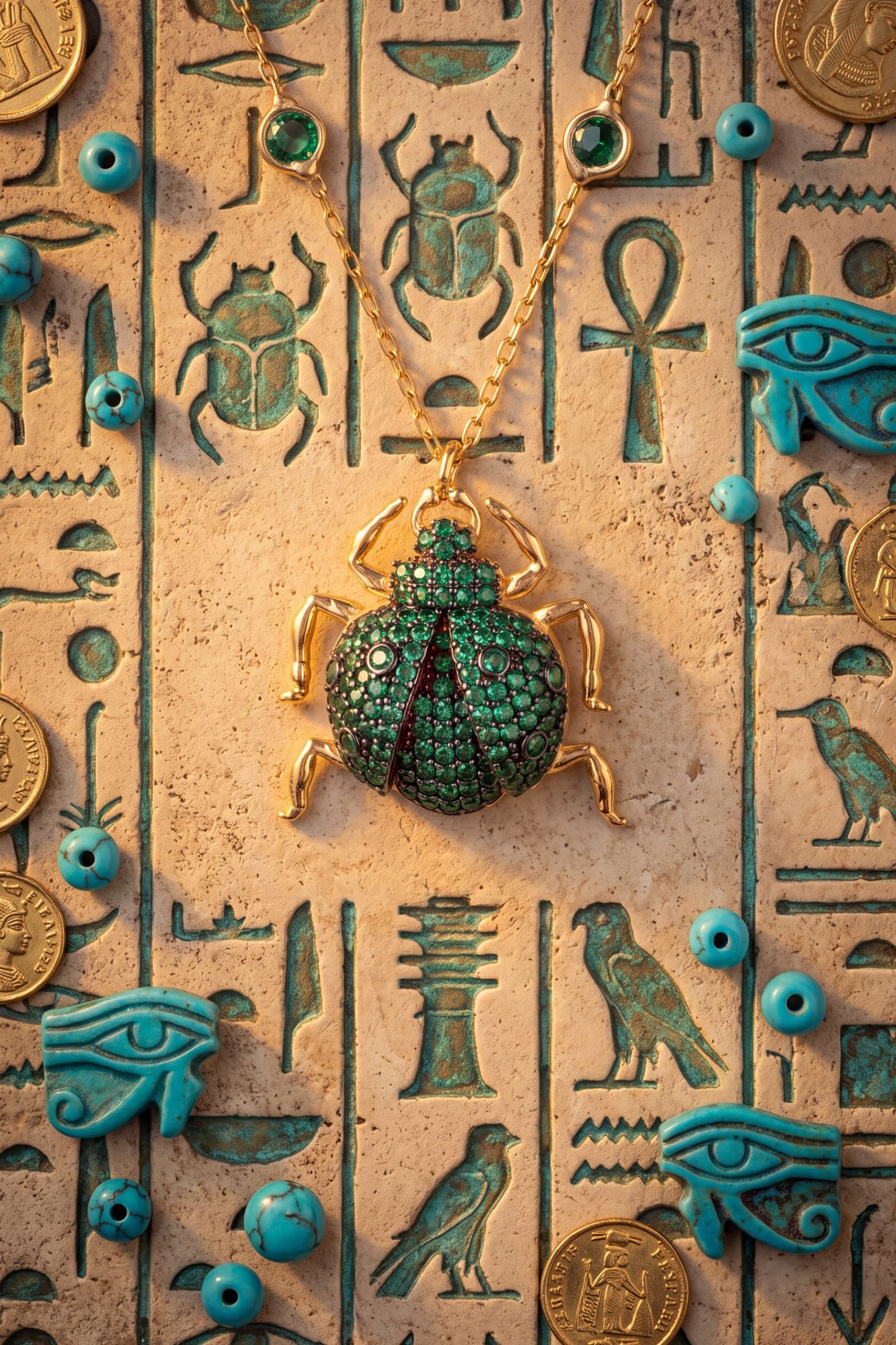 Close-up of Scarab Beetle Egyptian Green Pendant Necklace Gold, highlighting bee design, gold finish.