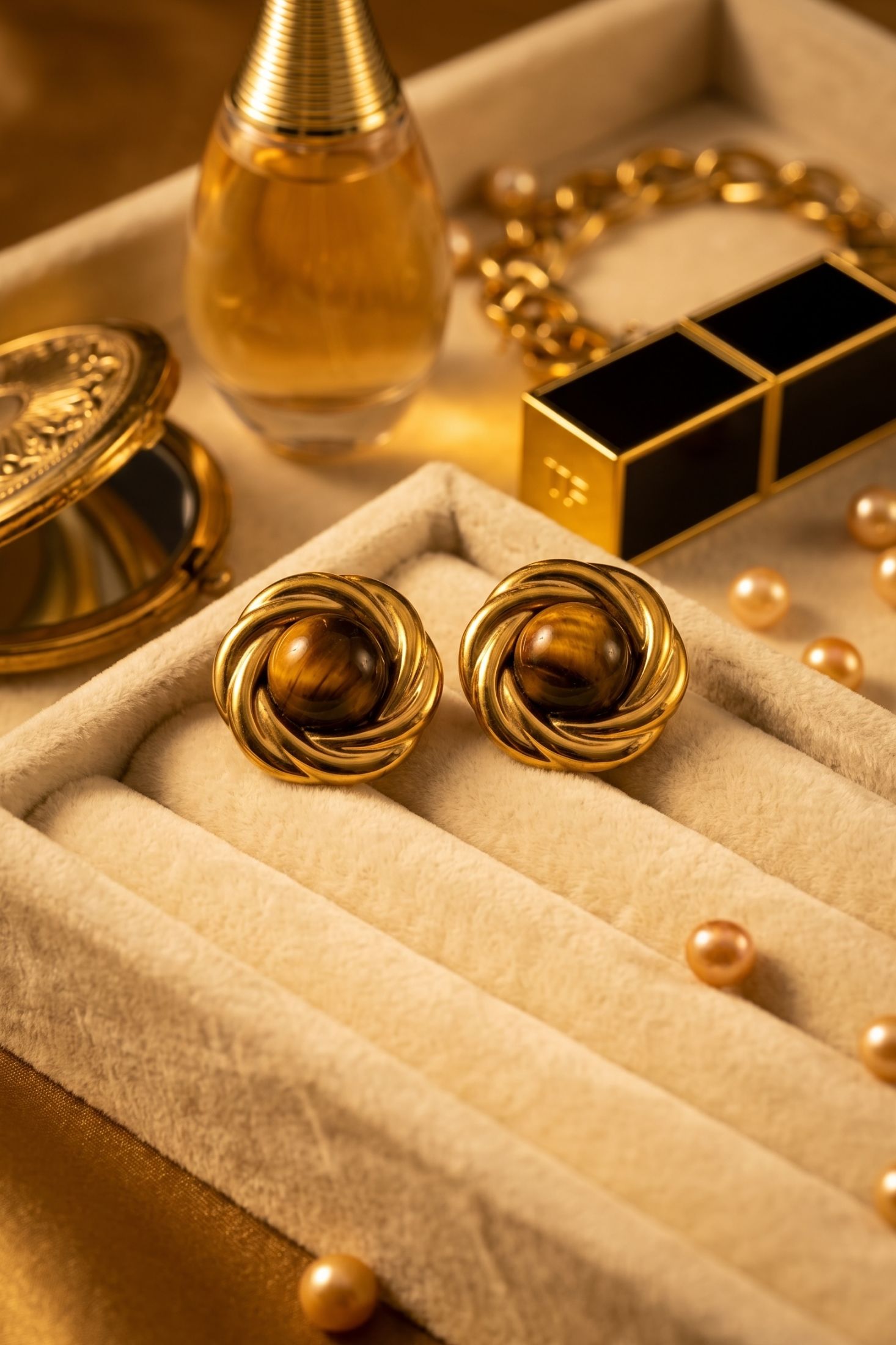 A pair of gold-toned spiral stud earrings displayed in a cream jewelry tray, surrounded by luxury accessories including a gold perfume bottle, a black and gold lipstick case, pearls, and a gold chain.