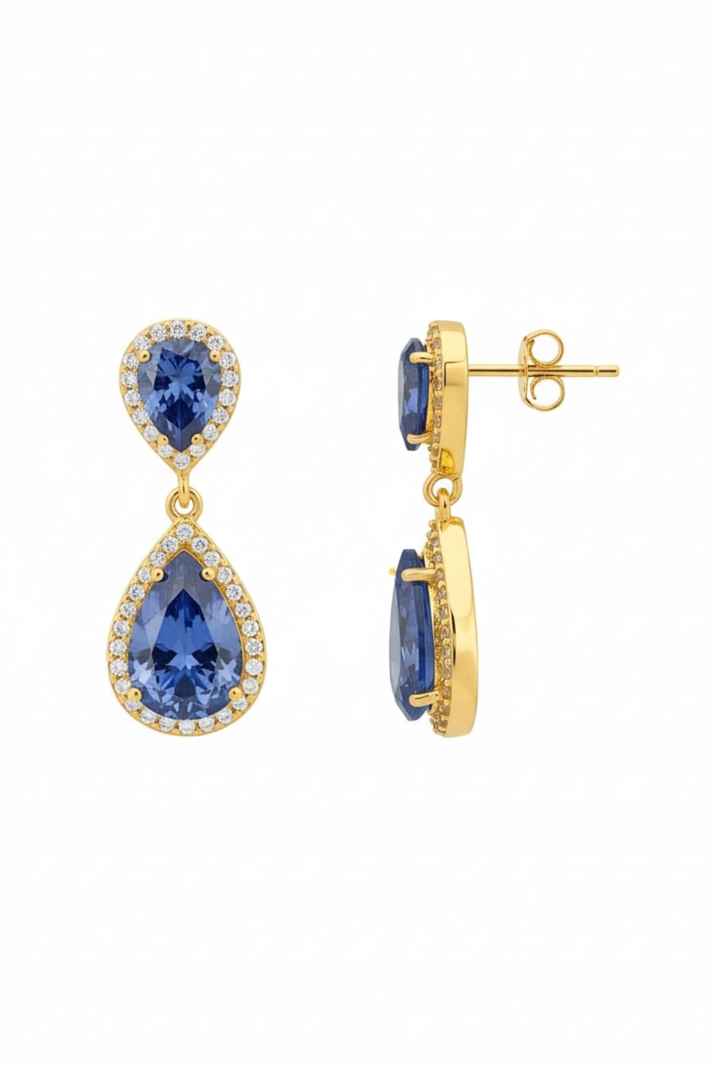 Gold earrings with blue gemstones on a white background