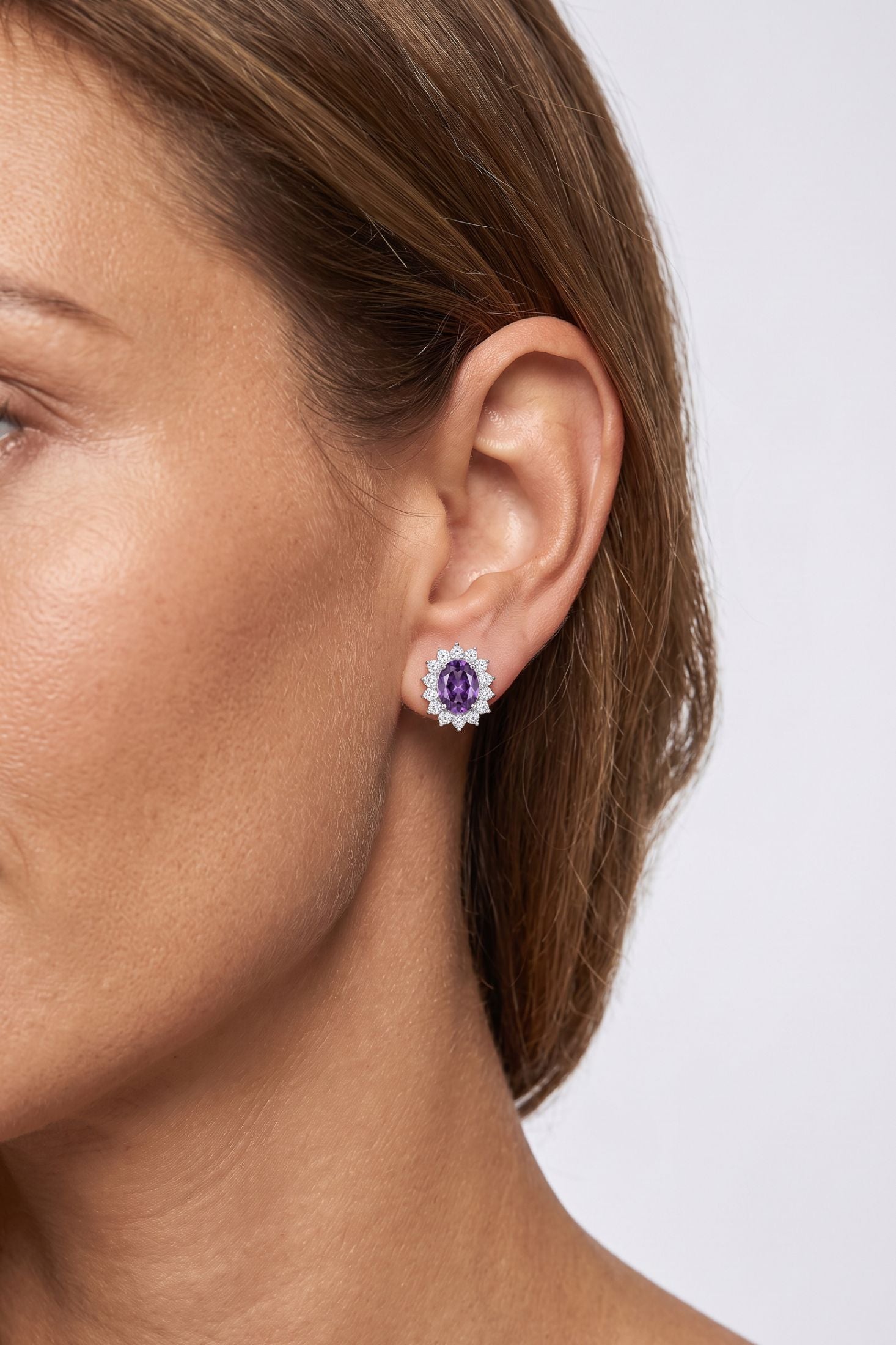 Catherine Gemstone Stud Earrings Amethyst Silver
