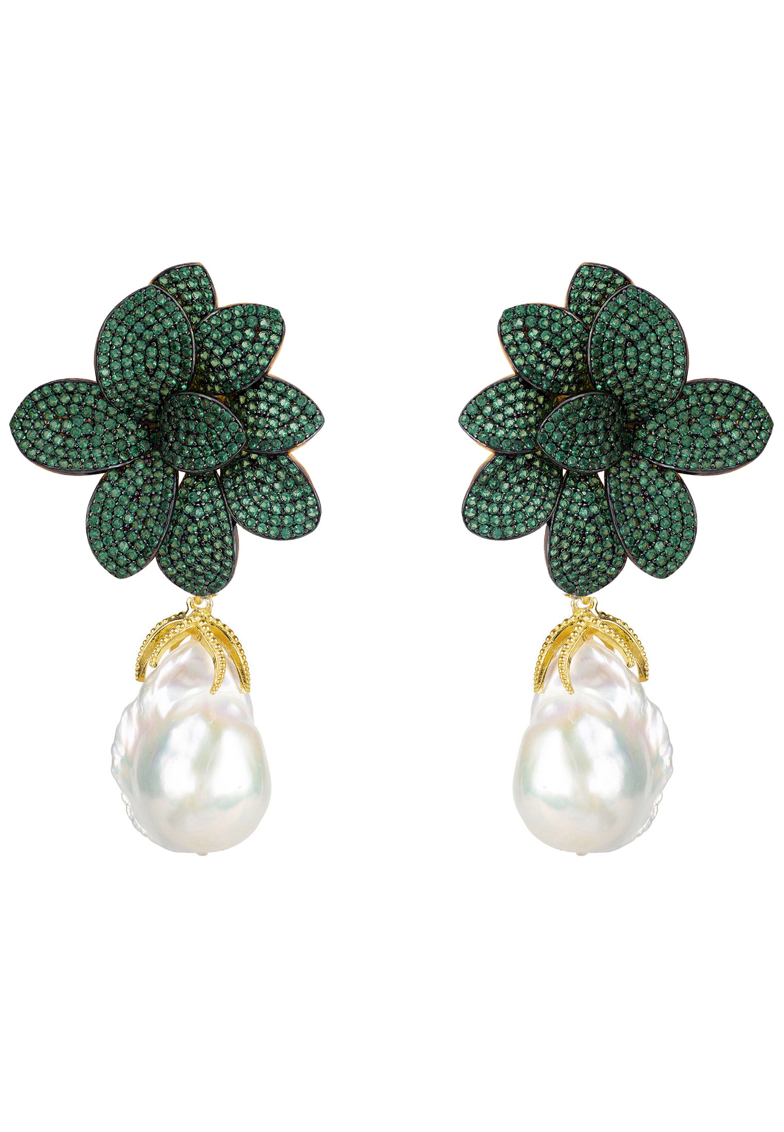 Pair of green floral earrings with gold and pearl drops on a white background
