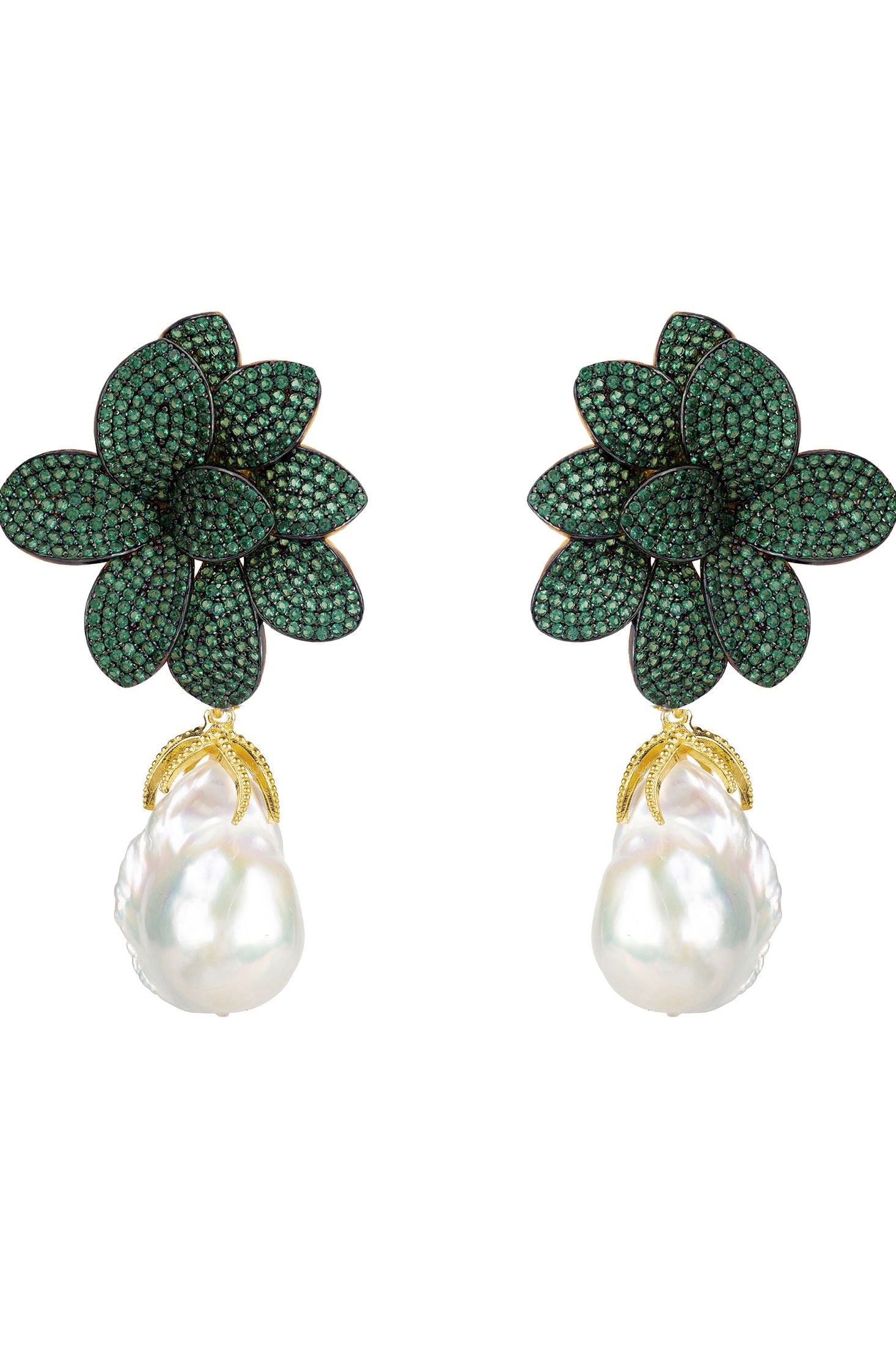 Pair of green floral earrings with gold and pearl drops on a white background