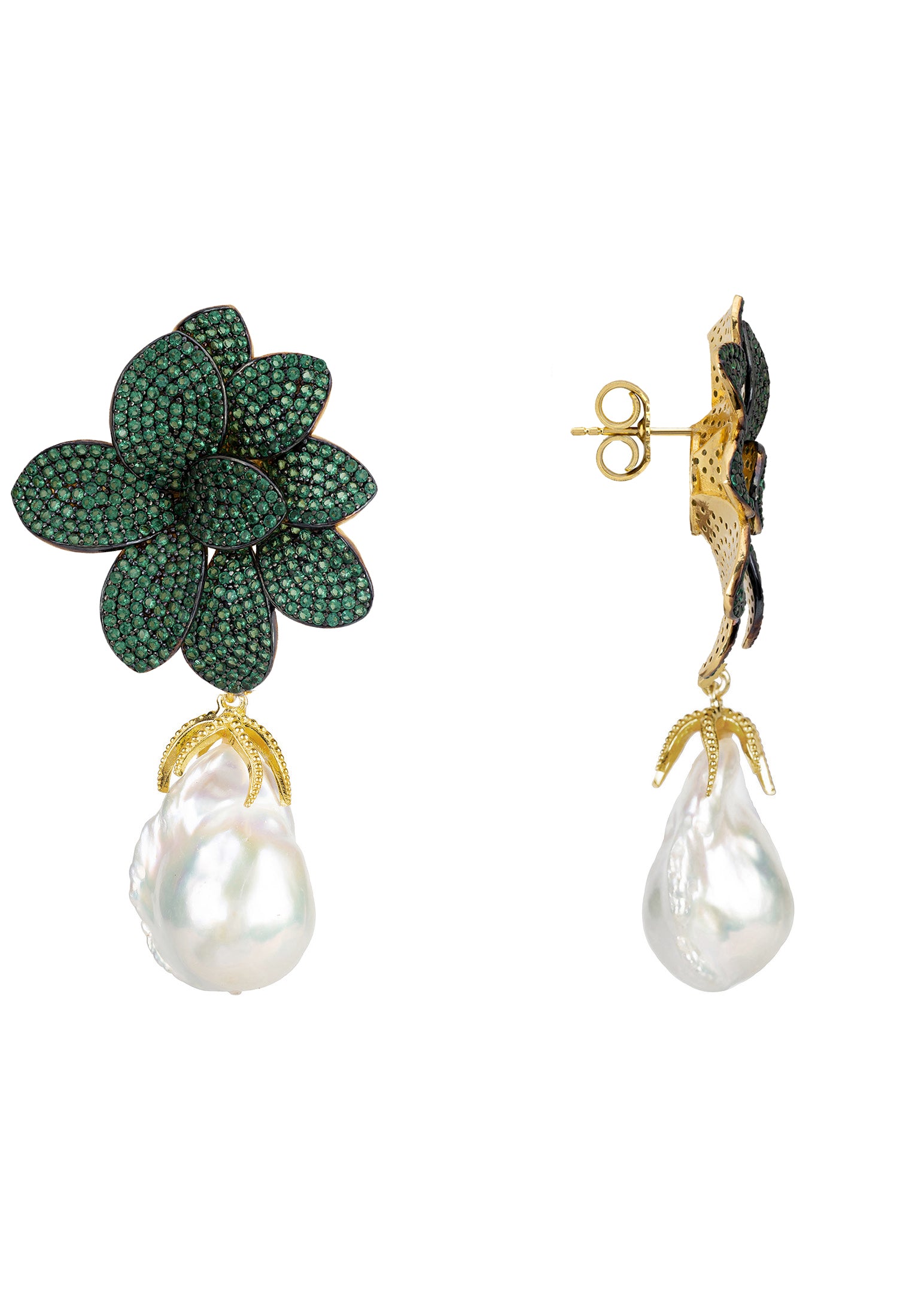 Pair of earrings with green floral design and pearl drops on a white background