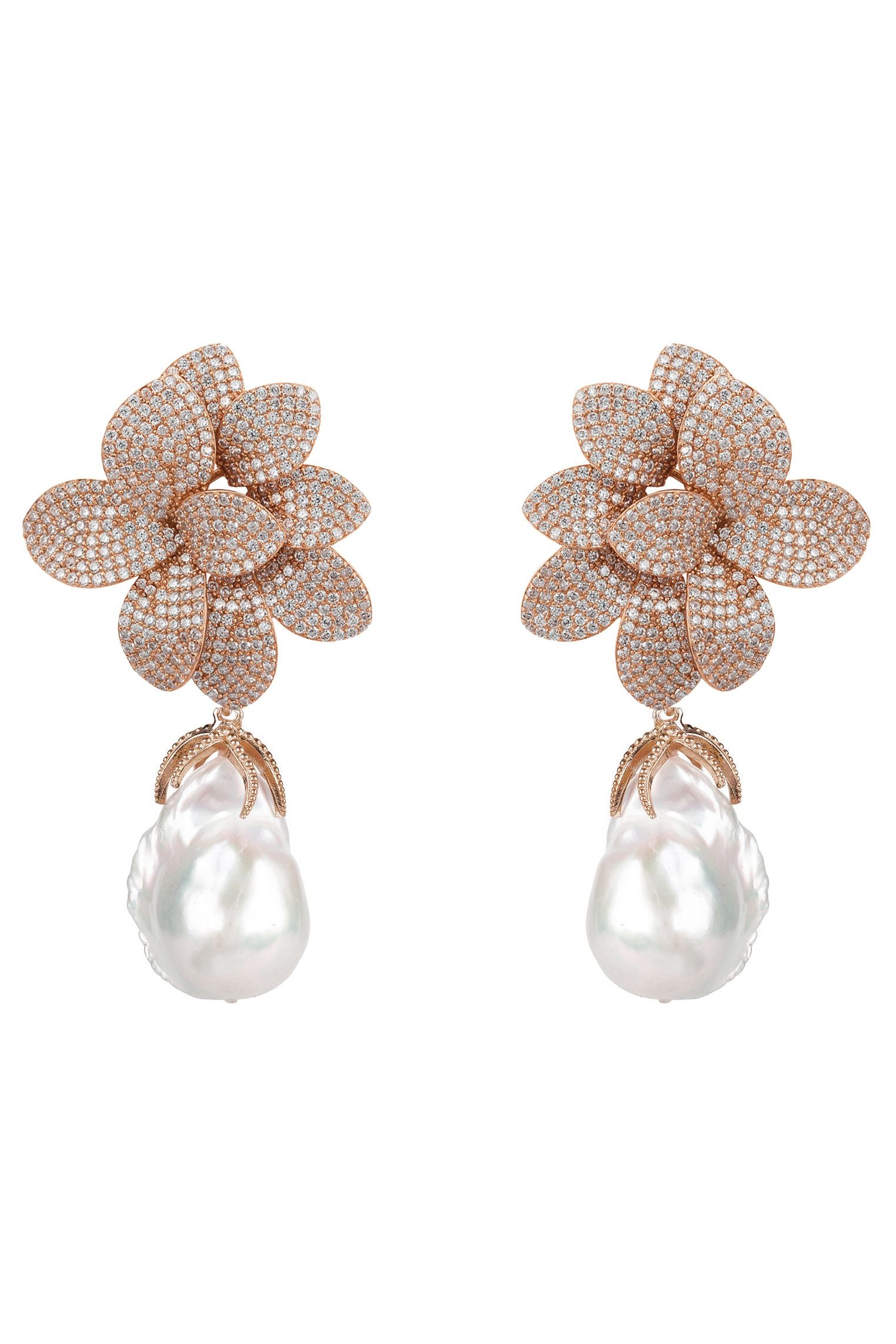 Amaryllis Flower Baroque Pearl Drop Earrings White Rosegold
