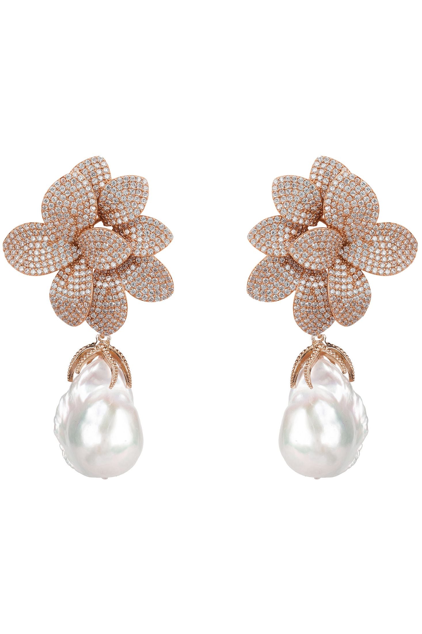 Rose gold flower-shaped earrings with pearl drops on a white background