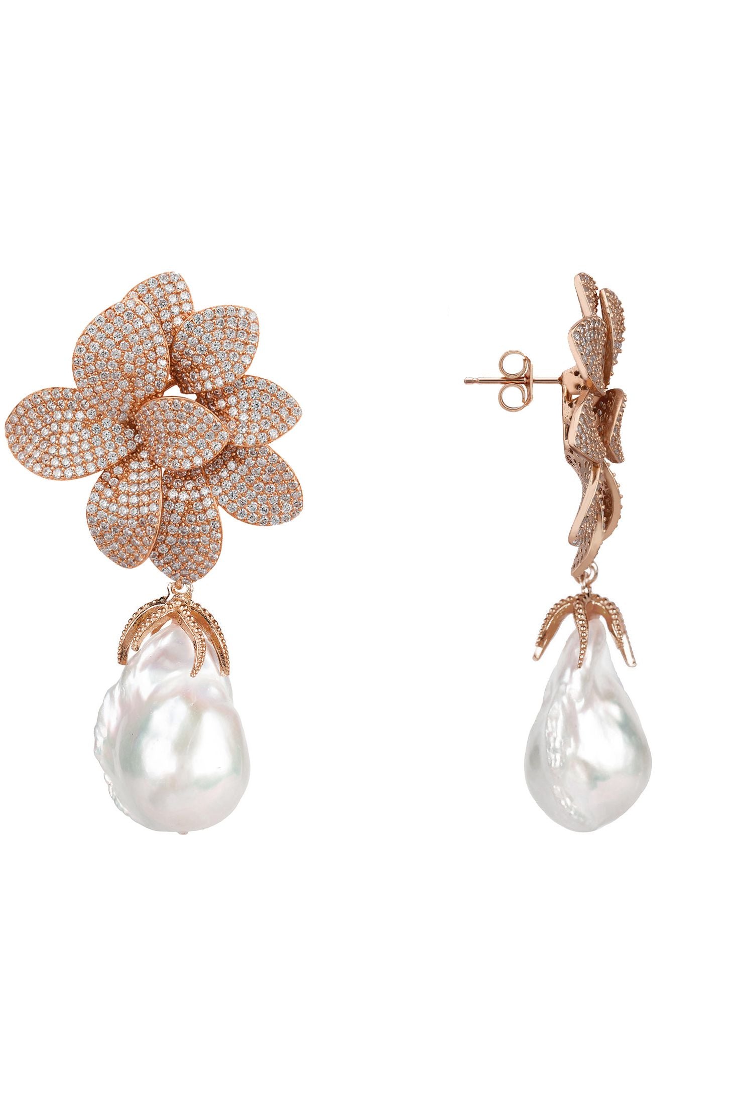 Rose gold flower-shaped earrings with pearl drops on a white background