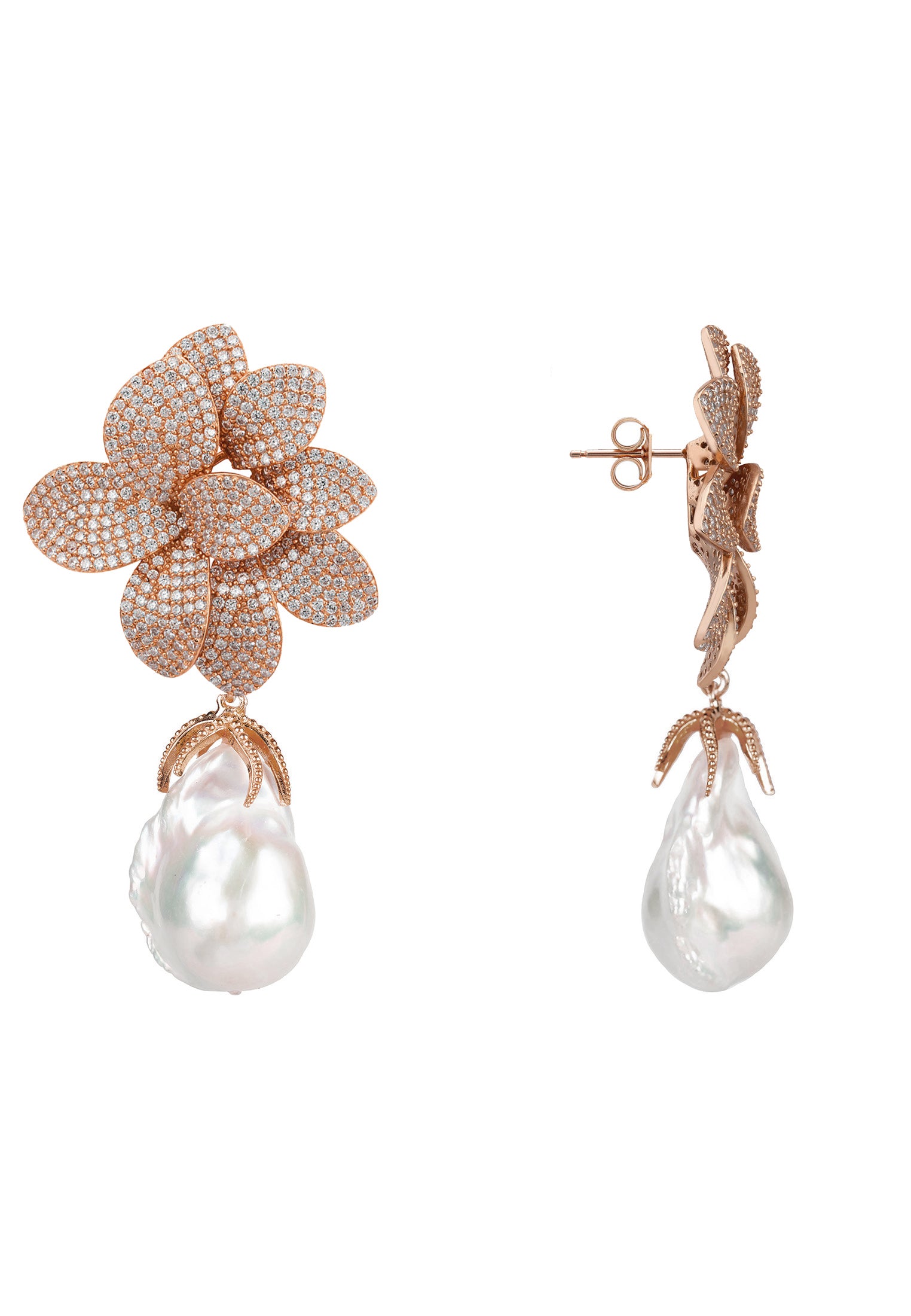 Rose gold flower-shaped earrings with pearl drops on a white background