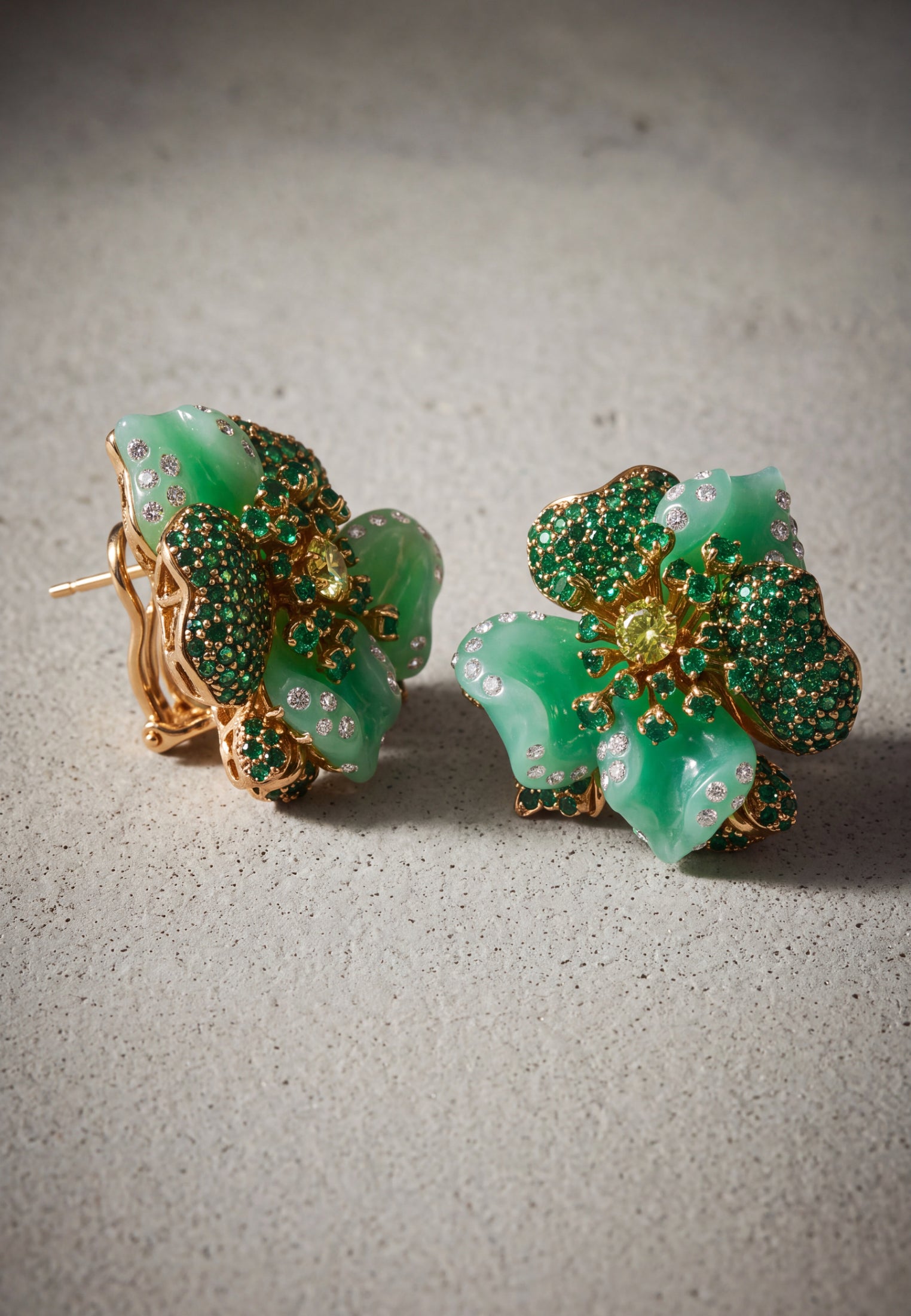 Jade Rose Flower Stud Earrings Gold