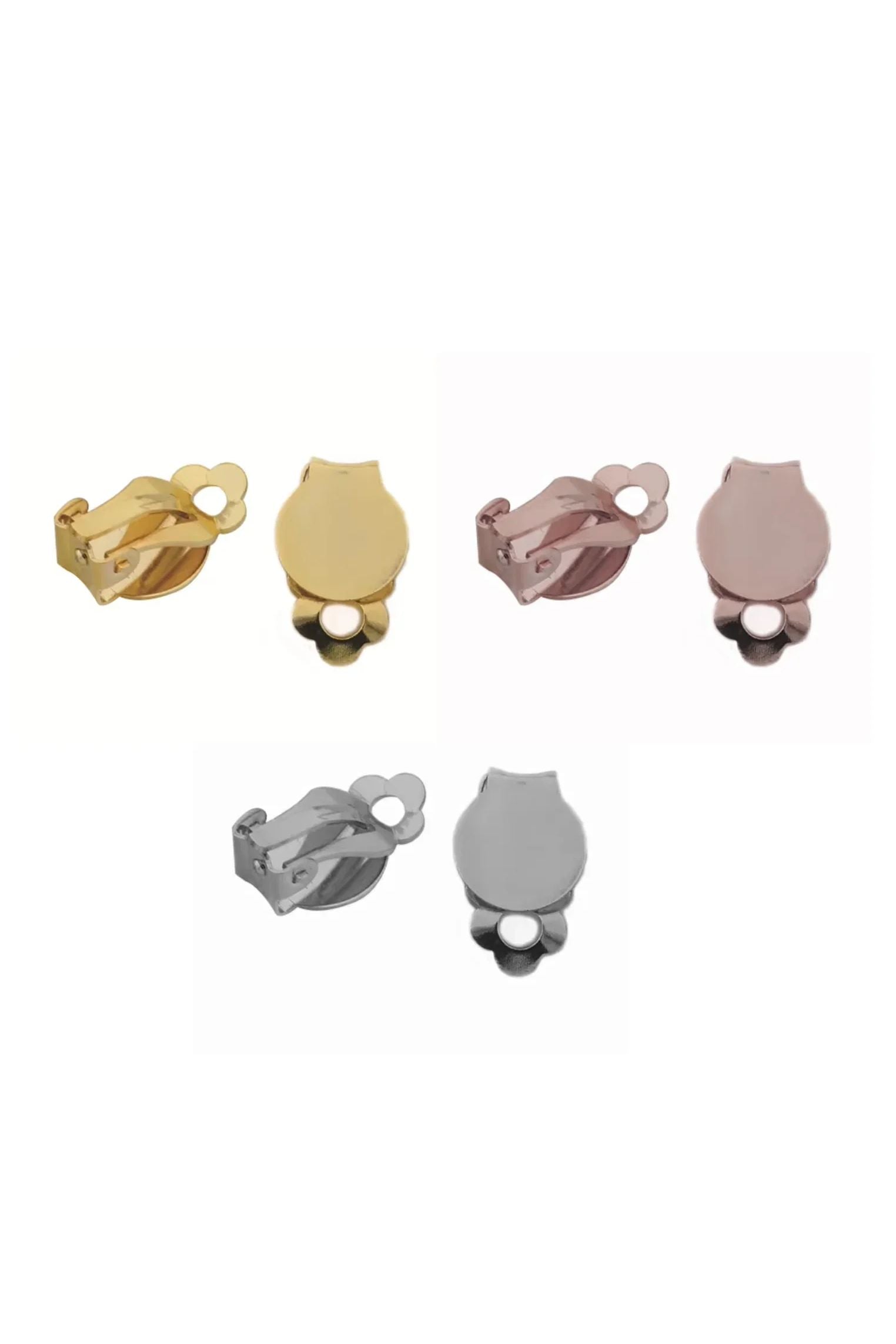 Pairs of metal clip on backs in gold, rose gold, and silver.