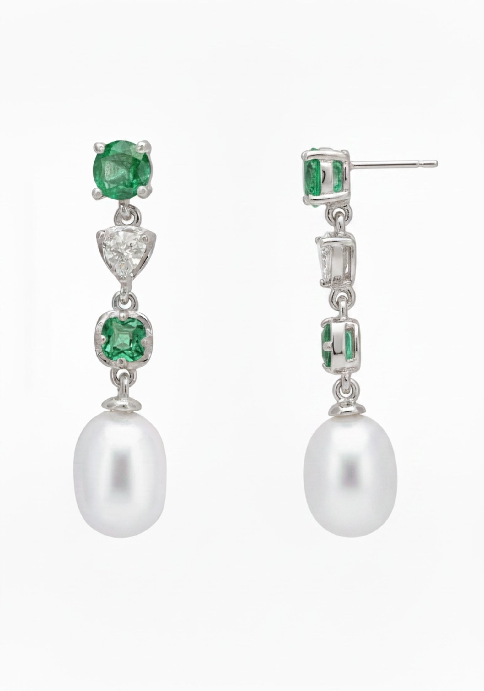 Pearl Whisper Drop Earrings Colombian Emerald Silver