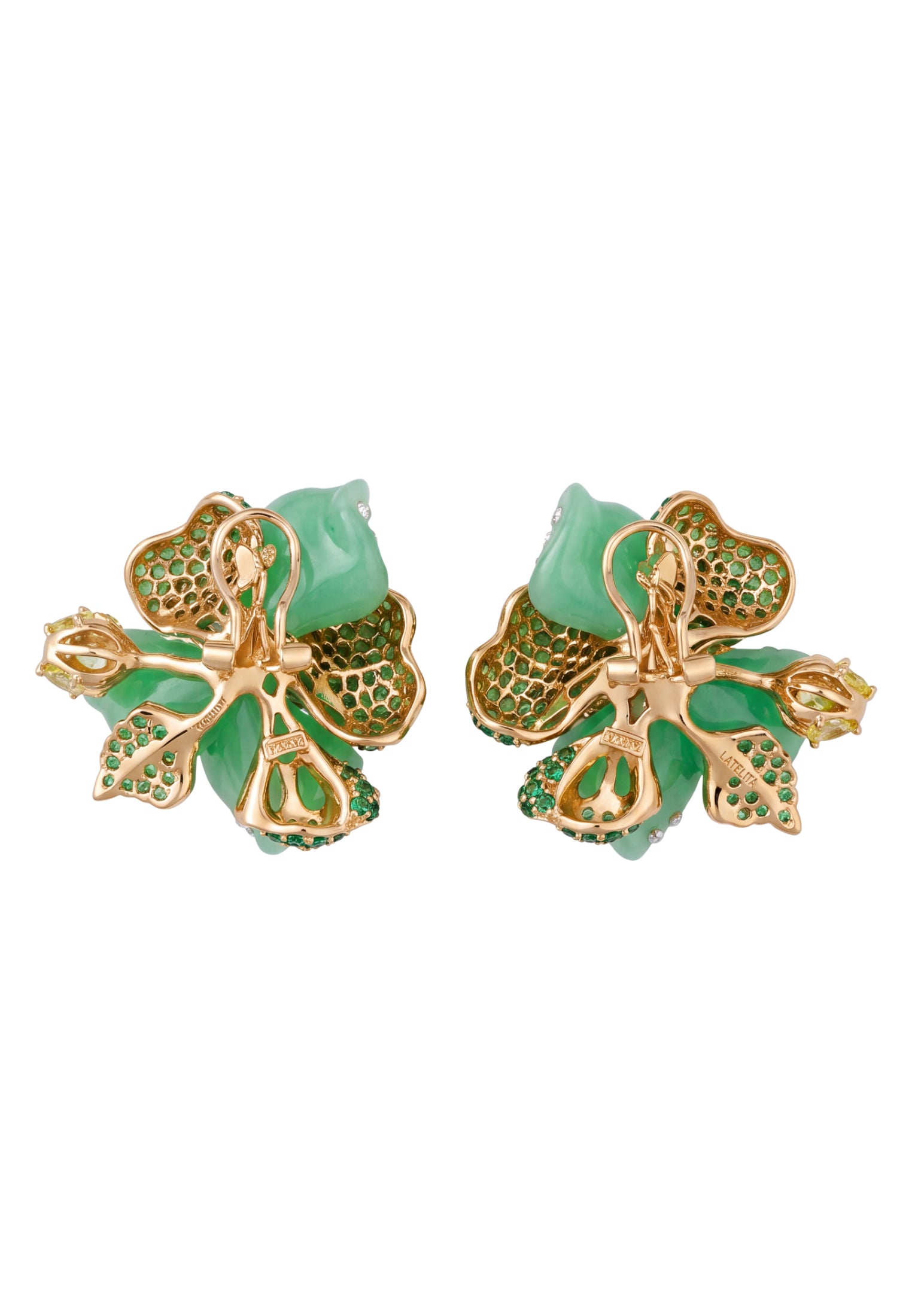 Jade Rose Flower Stud Earrings Gold