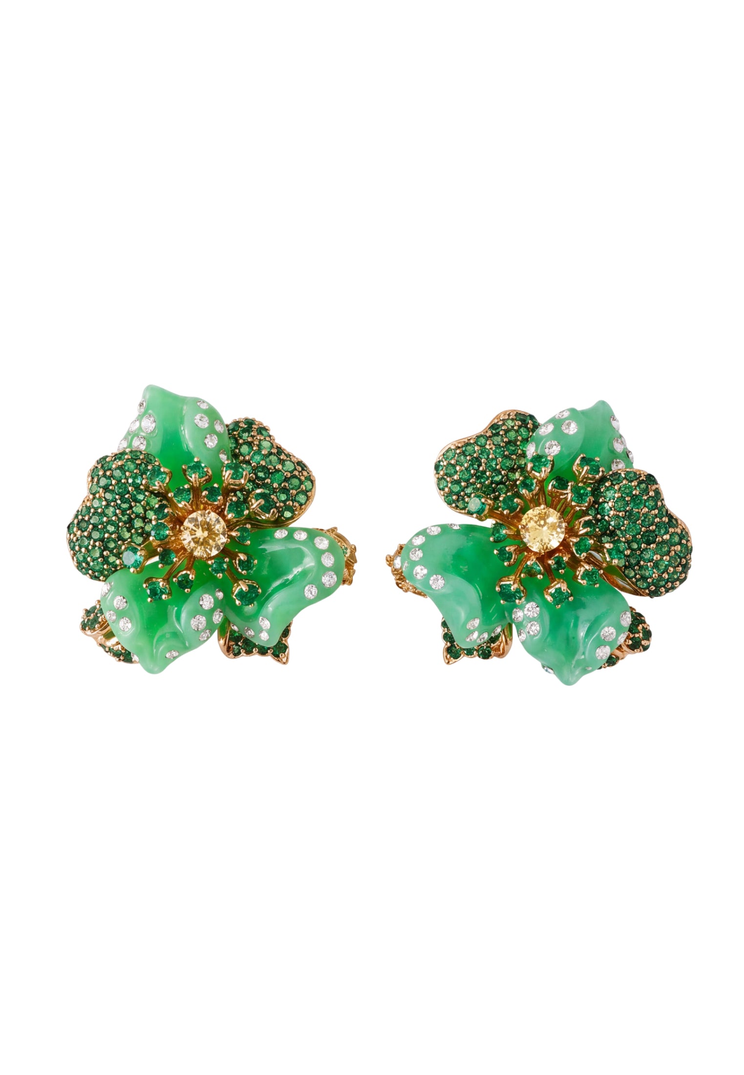 Jade Rose Flower Stud Earrings Gold