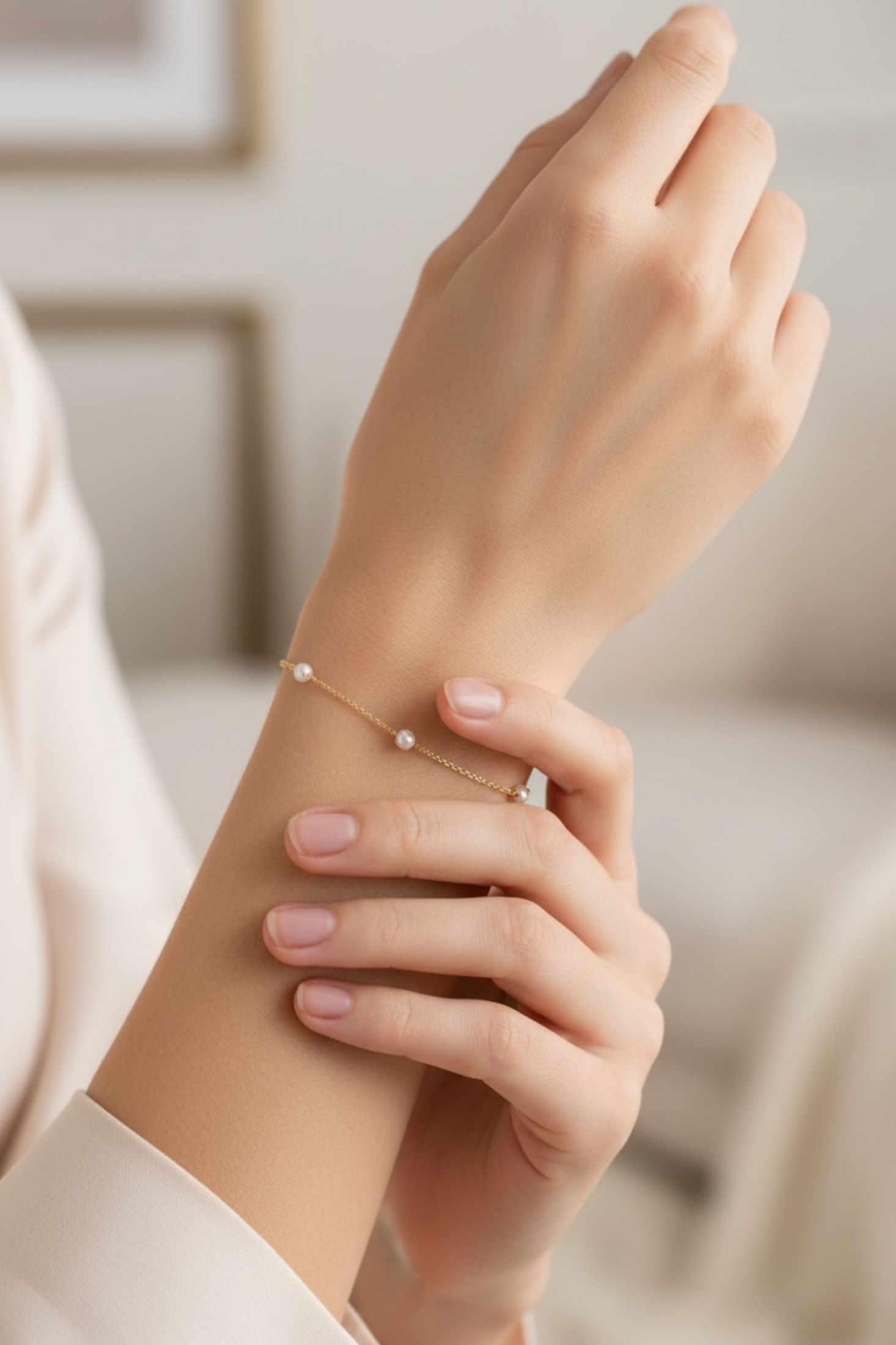 Close-up of a hand wearing a delicate bracelet with a blurred background