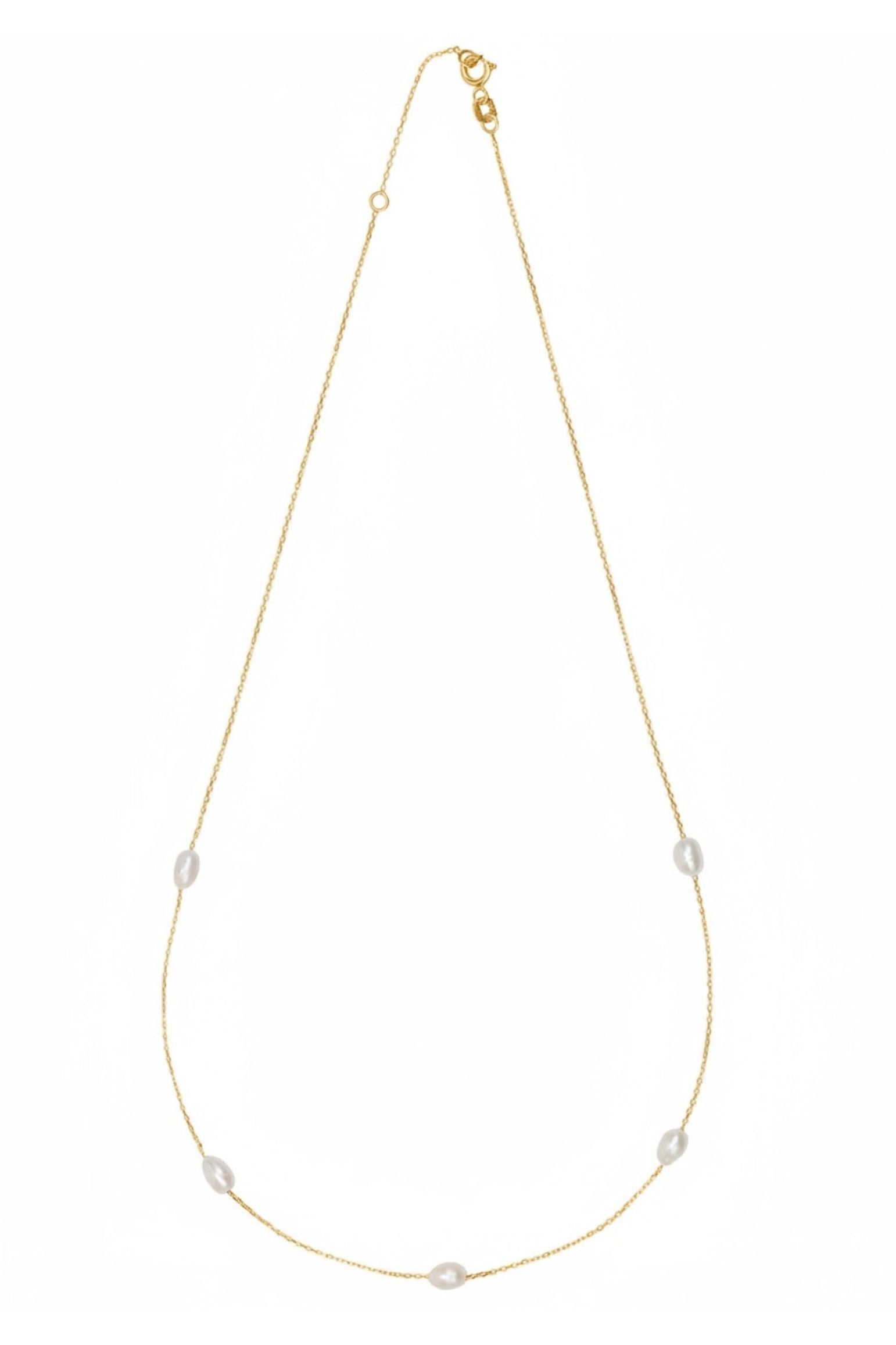 Solid 14k Gold Natural Spaced Pearl Necklace
