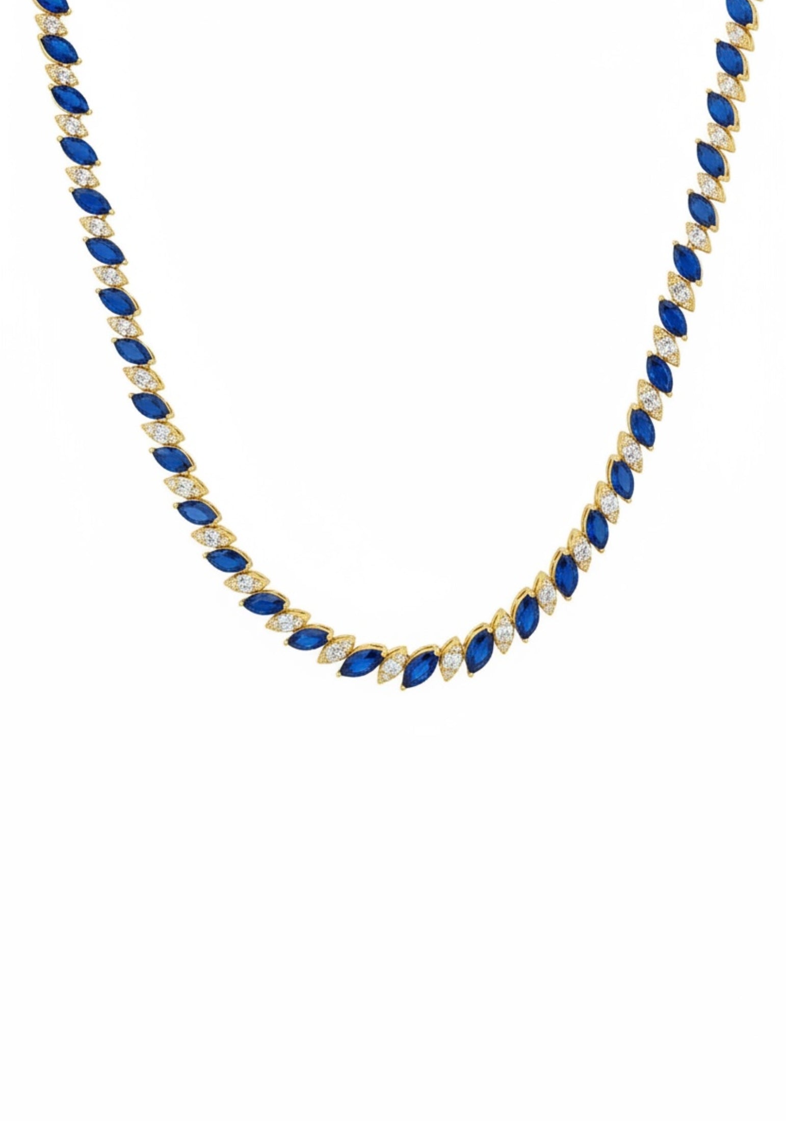 18k gold plated marquise cut tennis necklace with alternating sapphires and simulated diamonds.