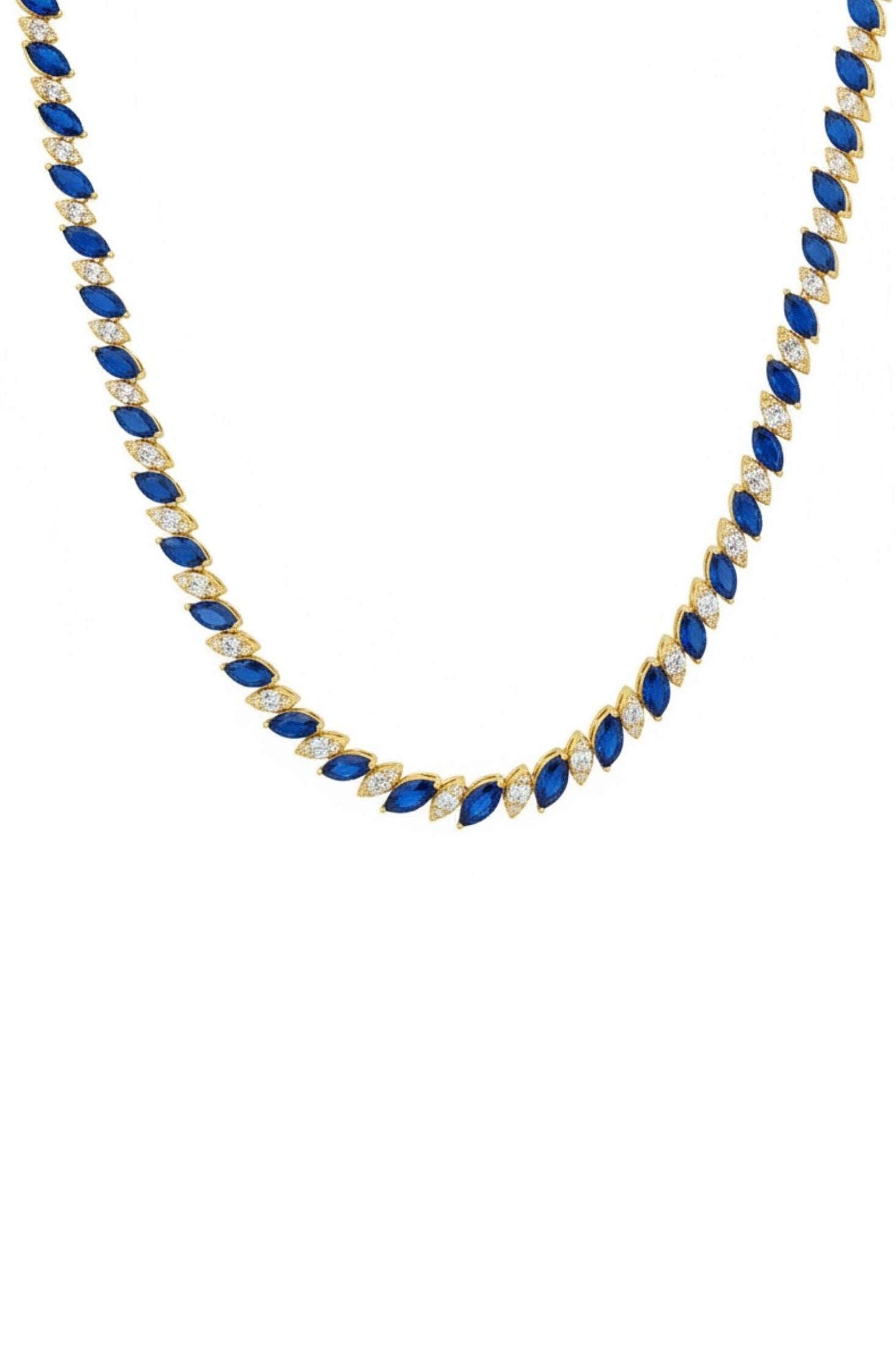 18k gold plated marquise cut tennis necklace with alternating sapphires and simulated diamonds.