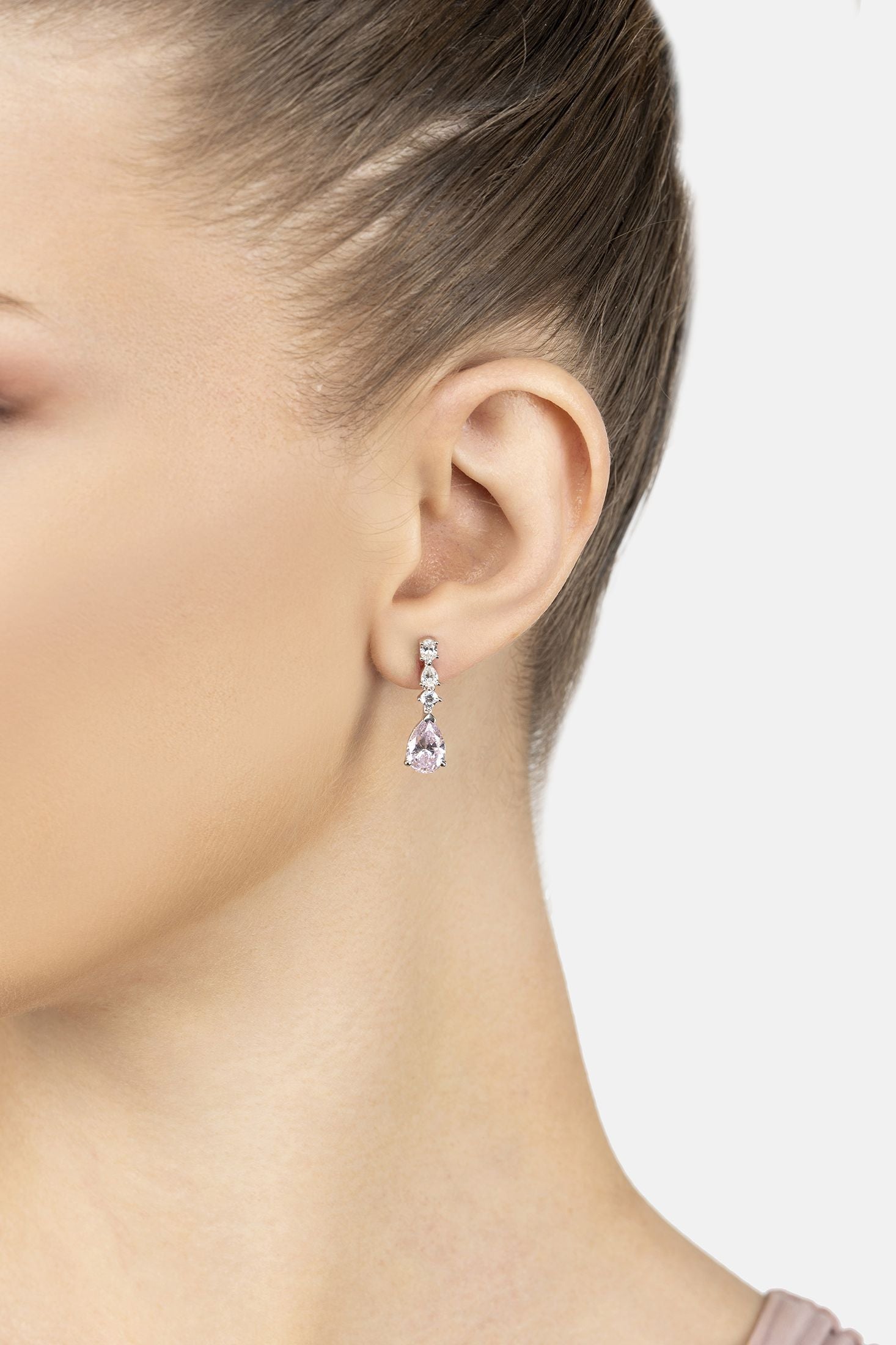 Angled view of Kirsty Drop Earrings Morganite Silver, showing silver finish and the jewellery profile.
