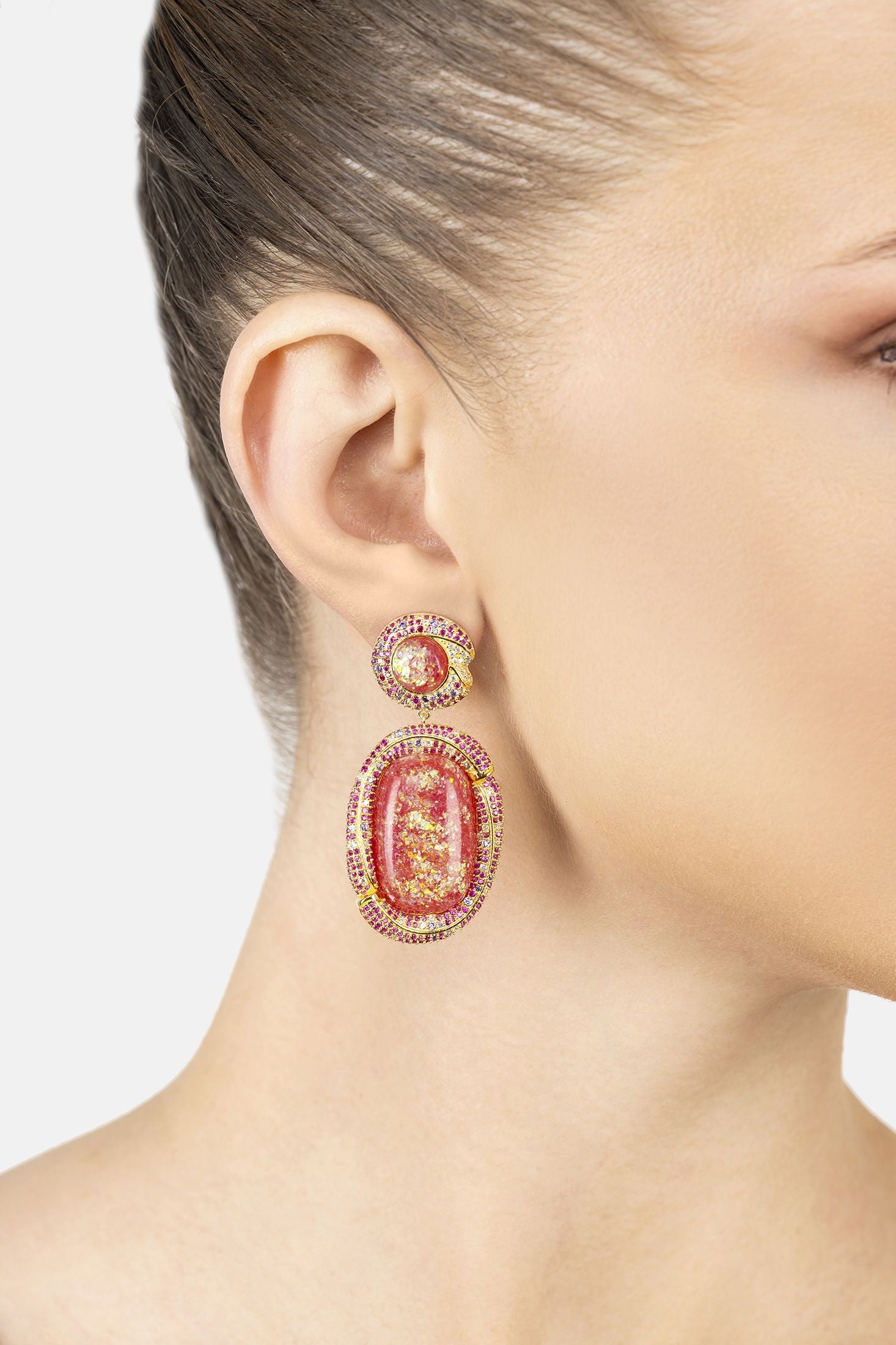 Angled view of Fiorella Pink Opal Drop Earrings Gold, showing gold finish and the jewellery profile.