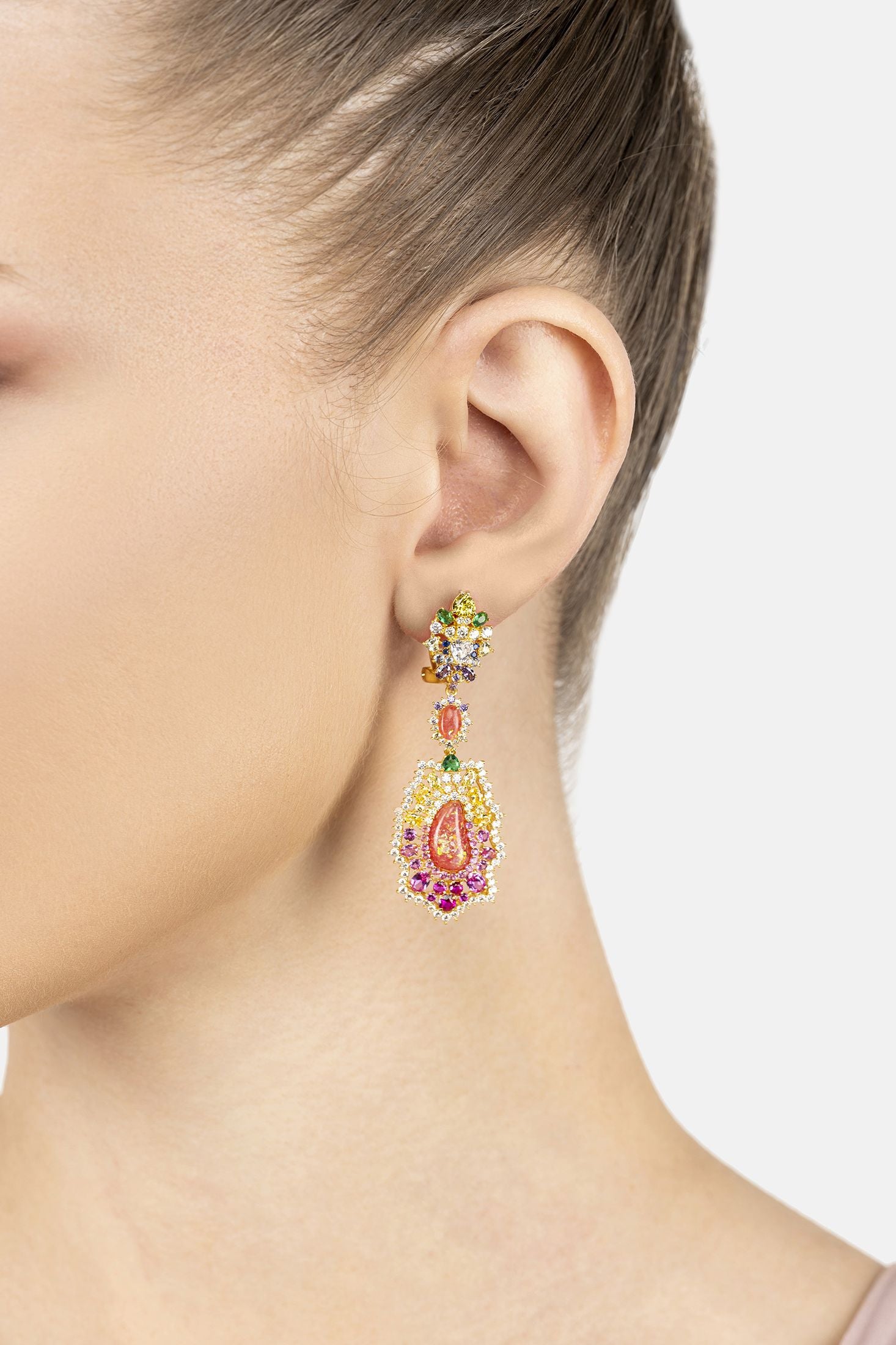 Angled view of Frida Pink Opal Rainbow Drop Earrings Gold, showing bow design, gold finish and the jewellery profile.