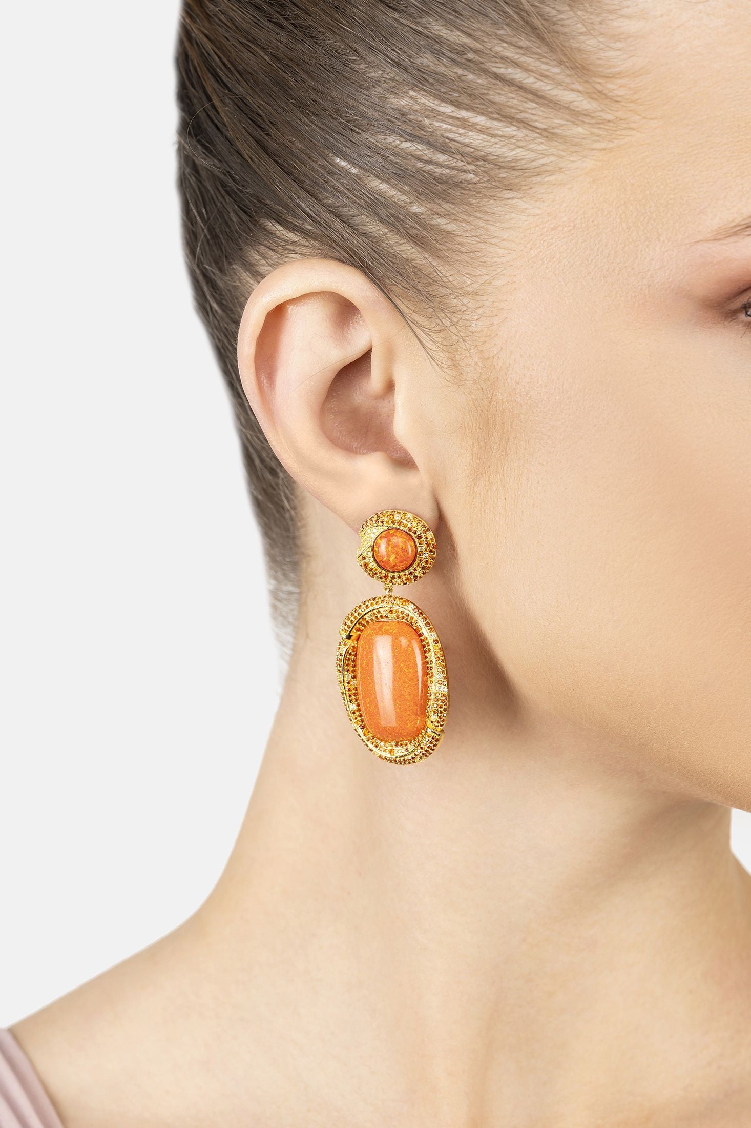 Angled view of Fiorella Fire Opal Drop Earrings Gold, showing gold finish and the jewellery profile.
