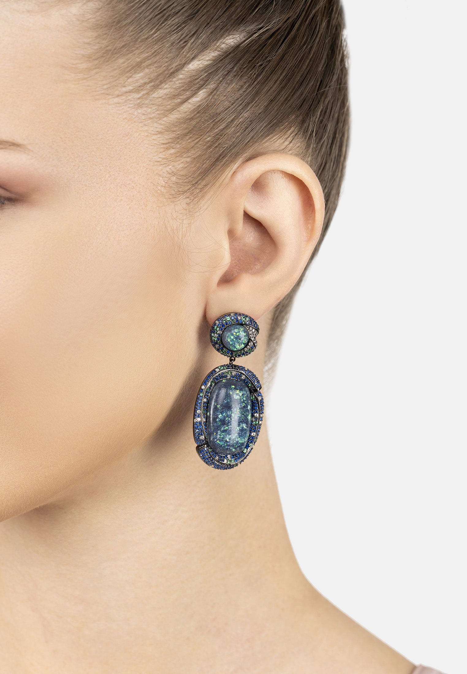 Fiorella Green Opal Drop Earrings Silver Oxidised