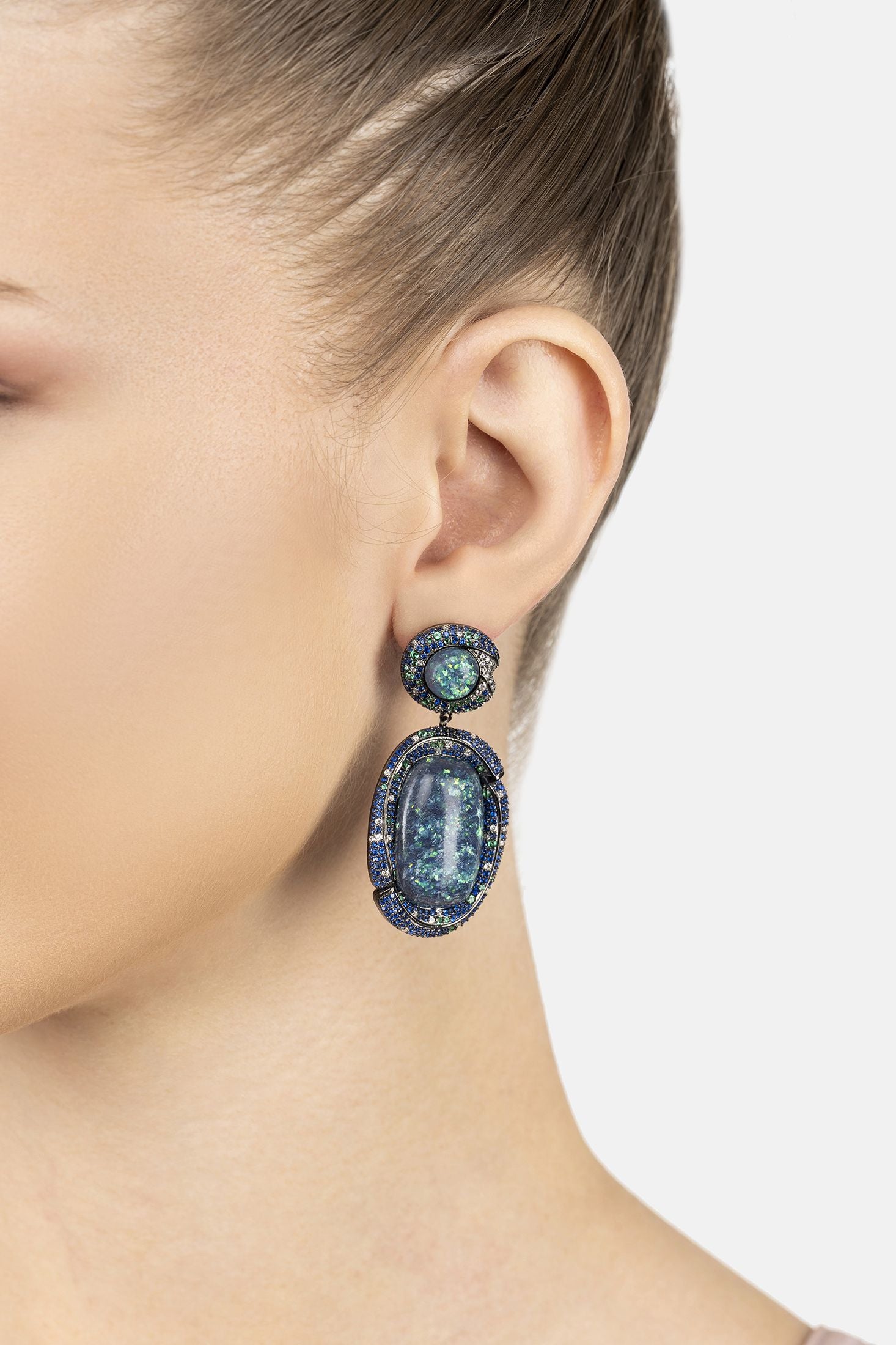 Angled view of Fiorella Green Opal Drop Earrings Silver Oxidised, showing silver finish and the jewellery profile.
