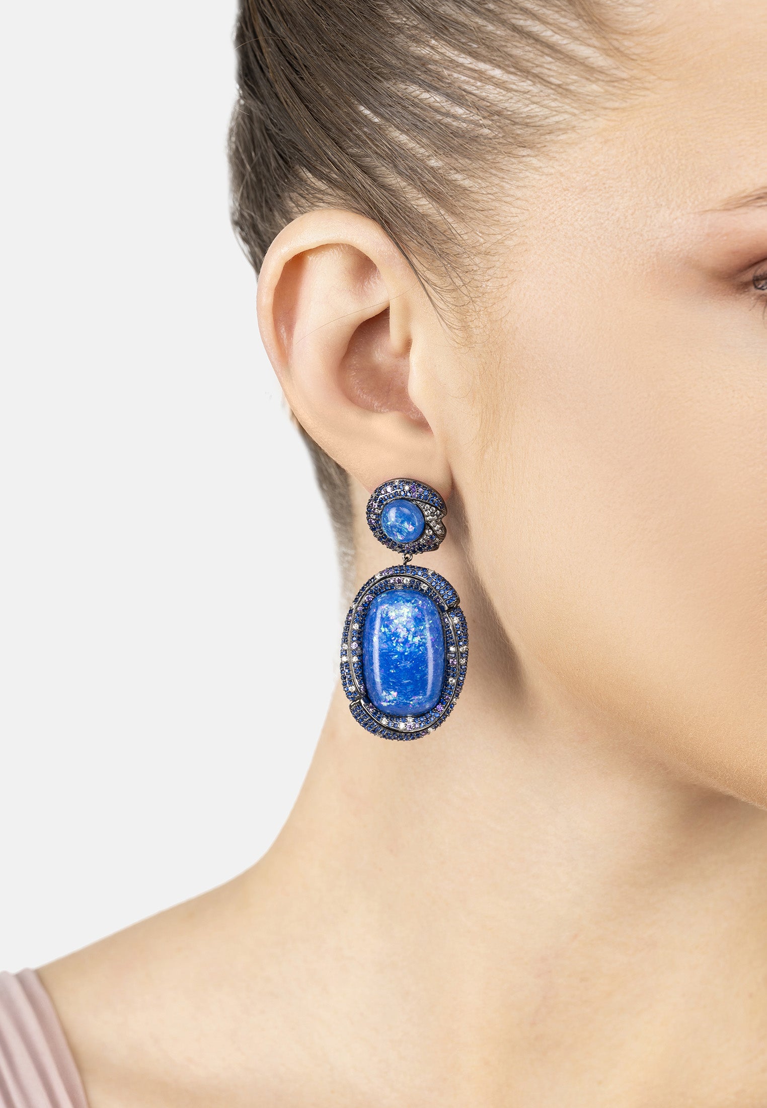 Fiorella Blue Opal Drop Earrings Silver Oxidised