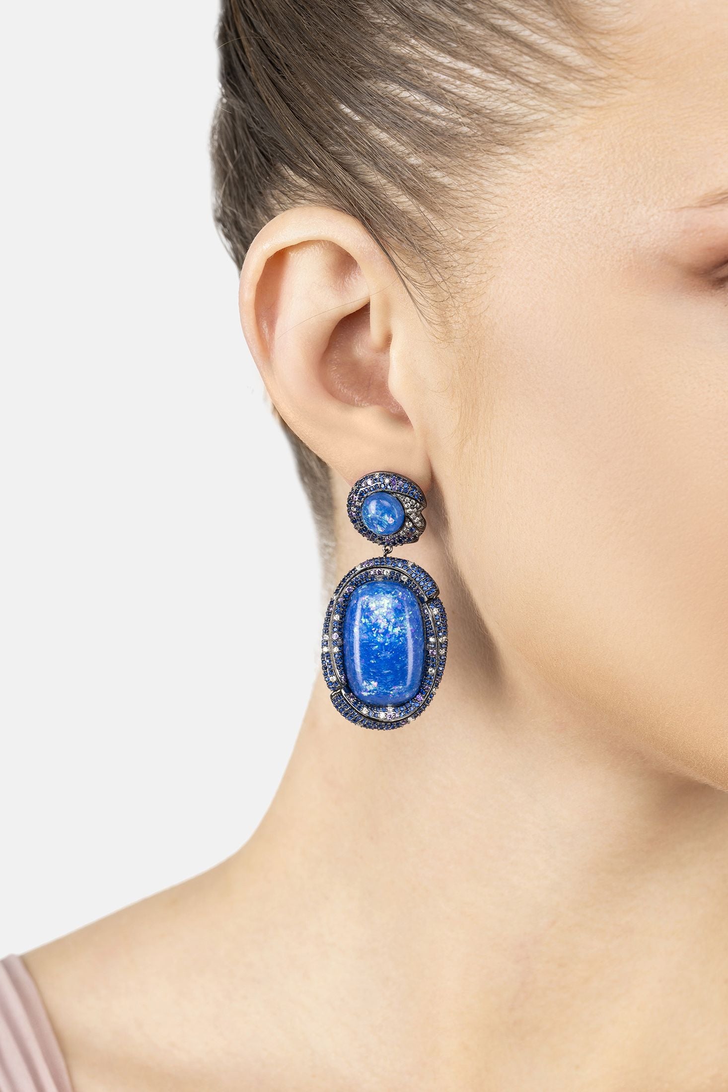 Angled view of Fiorella Blue Opal Drop Earrings Silver Oxidised, showing silver finish and the jewellery profile.
