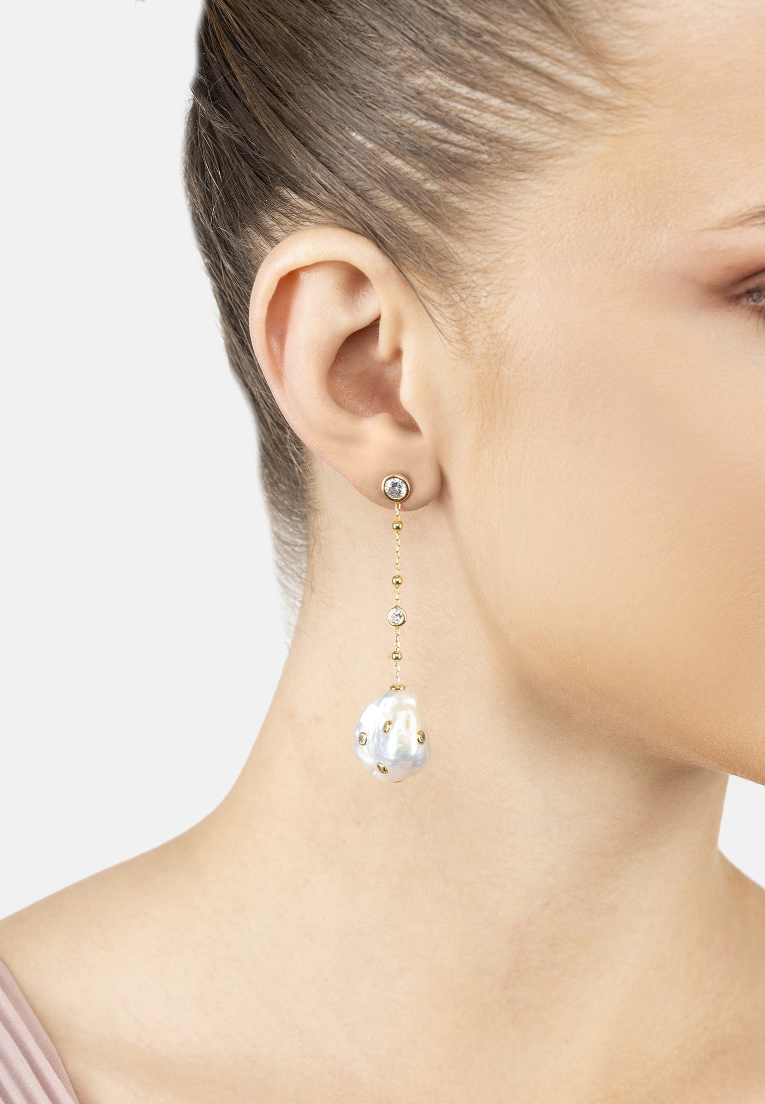 Polka Dot Baroque Pearl Chain Drop Earrings Gold Cz