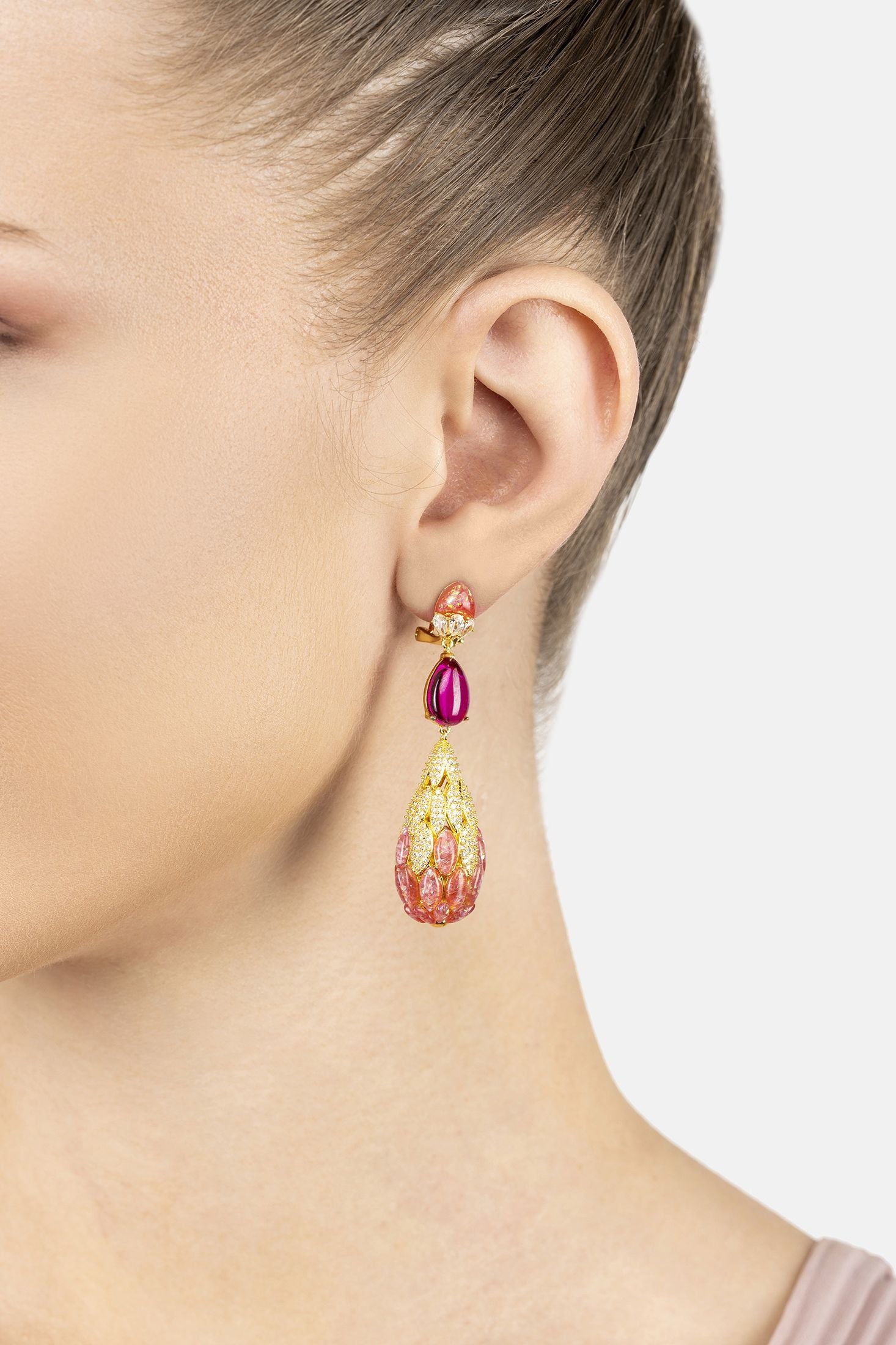Angled view of Carmen Pink Opal Drop Earrings Gold, showing gold finish and the jewellery profile.