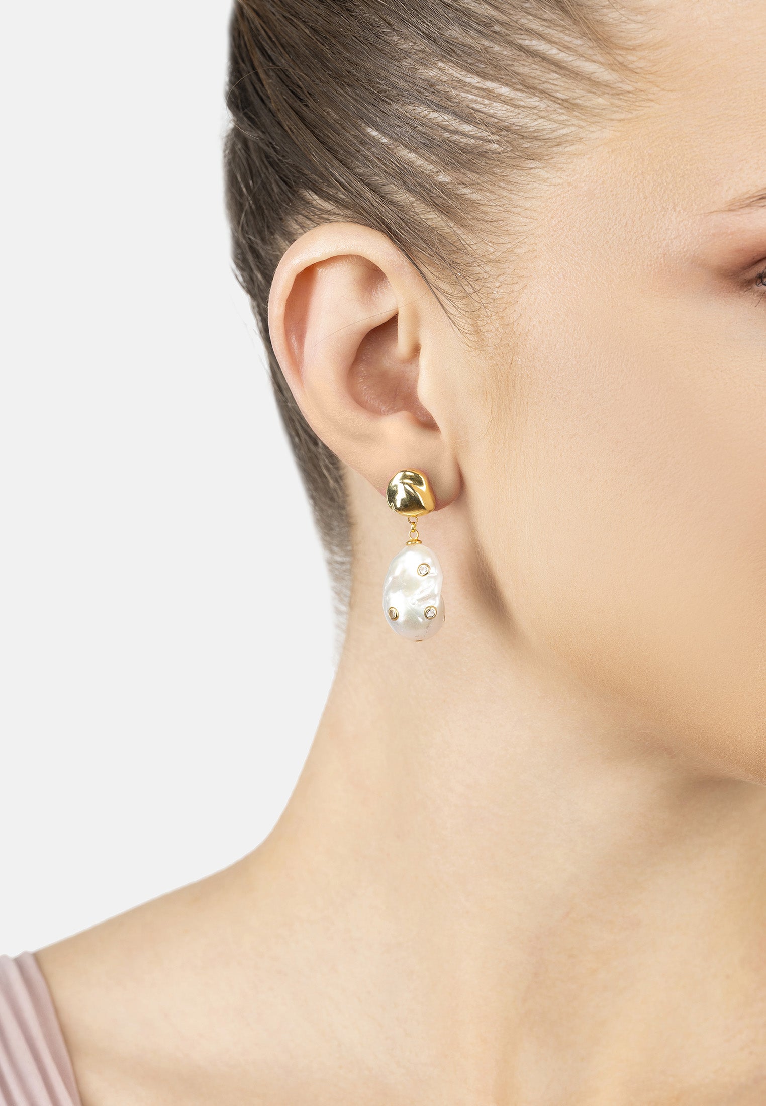 Polka Dot Baroque Pearl Drop Earrings Gold Cz