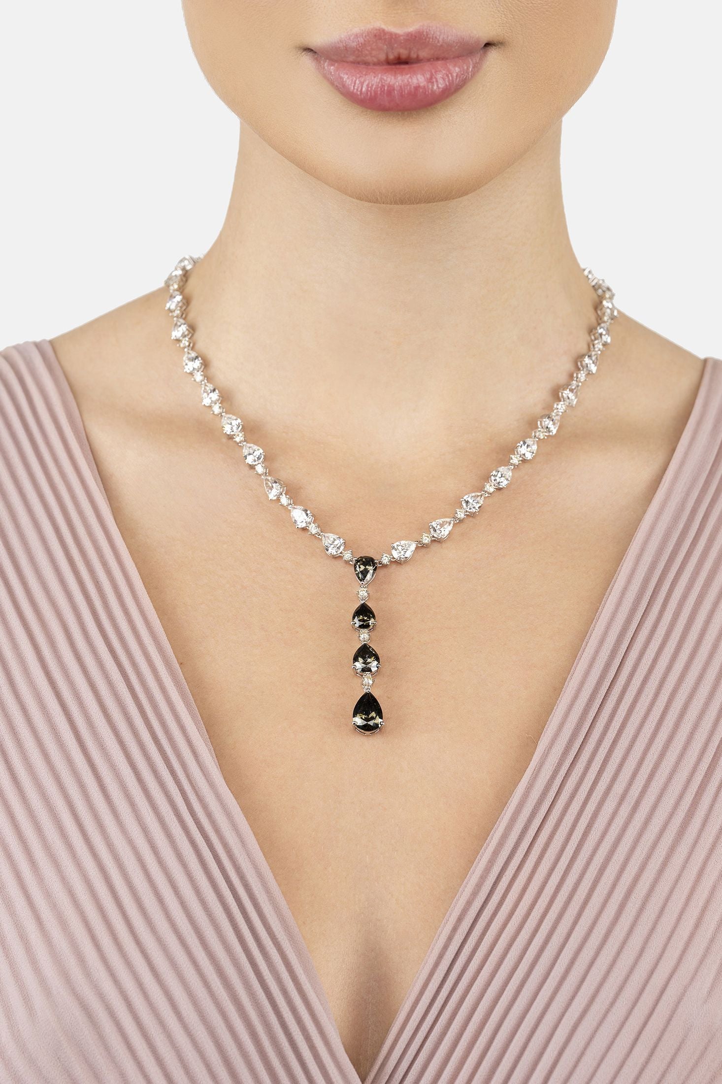 Angled view of Elizabeth Statement Necklace Smokey Quartz Silver, showing smokey quartz detailing, silver finish and the jewellery profile.