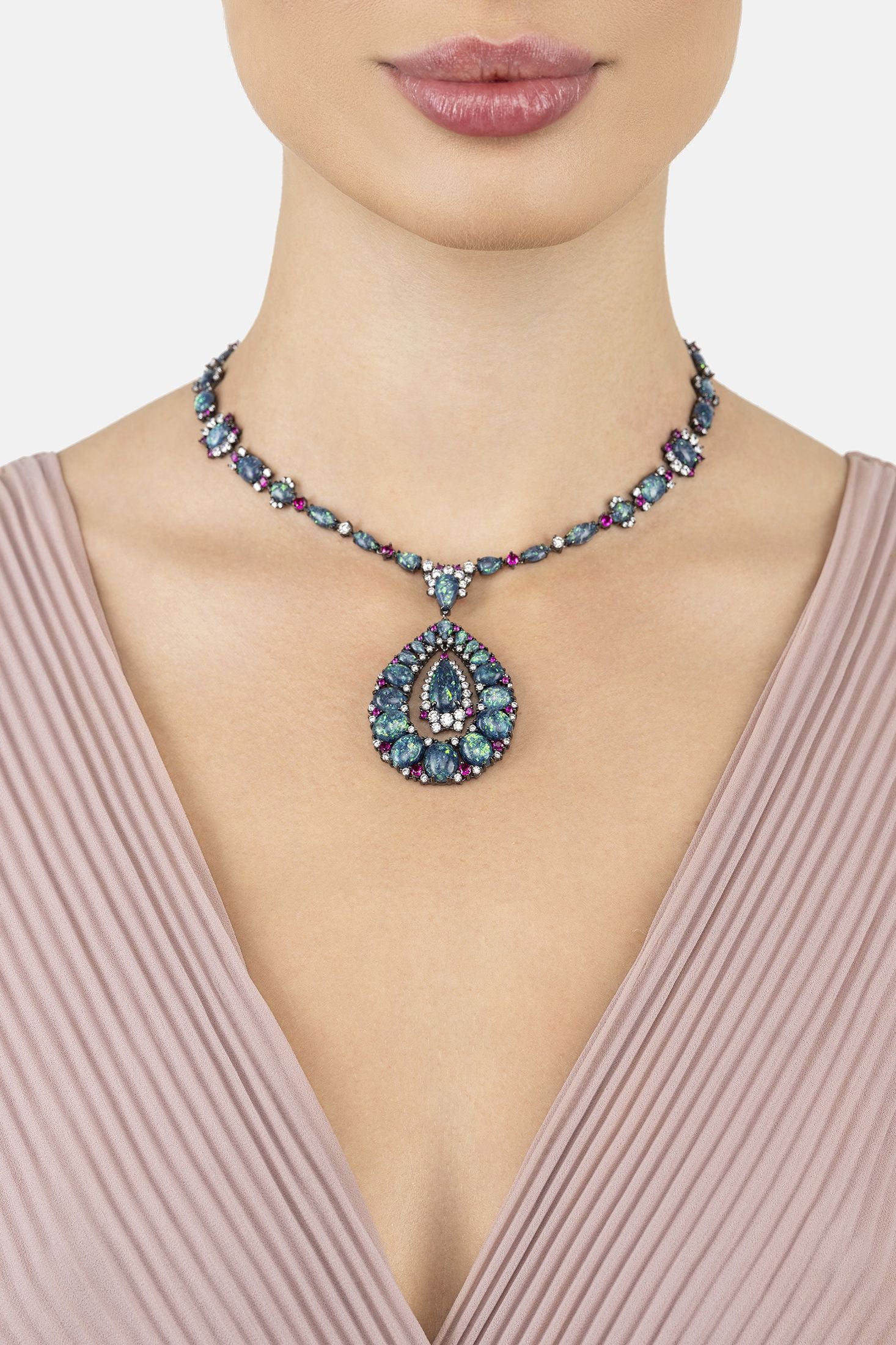 Angled view of Paloma Green Opal Statement Necklace Silver Oxidised, showing silver finish and the jewellery profile.