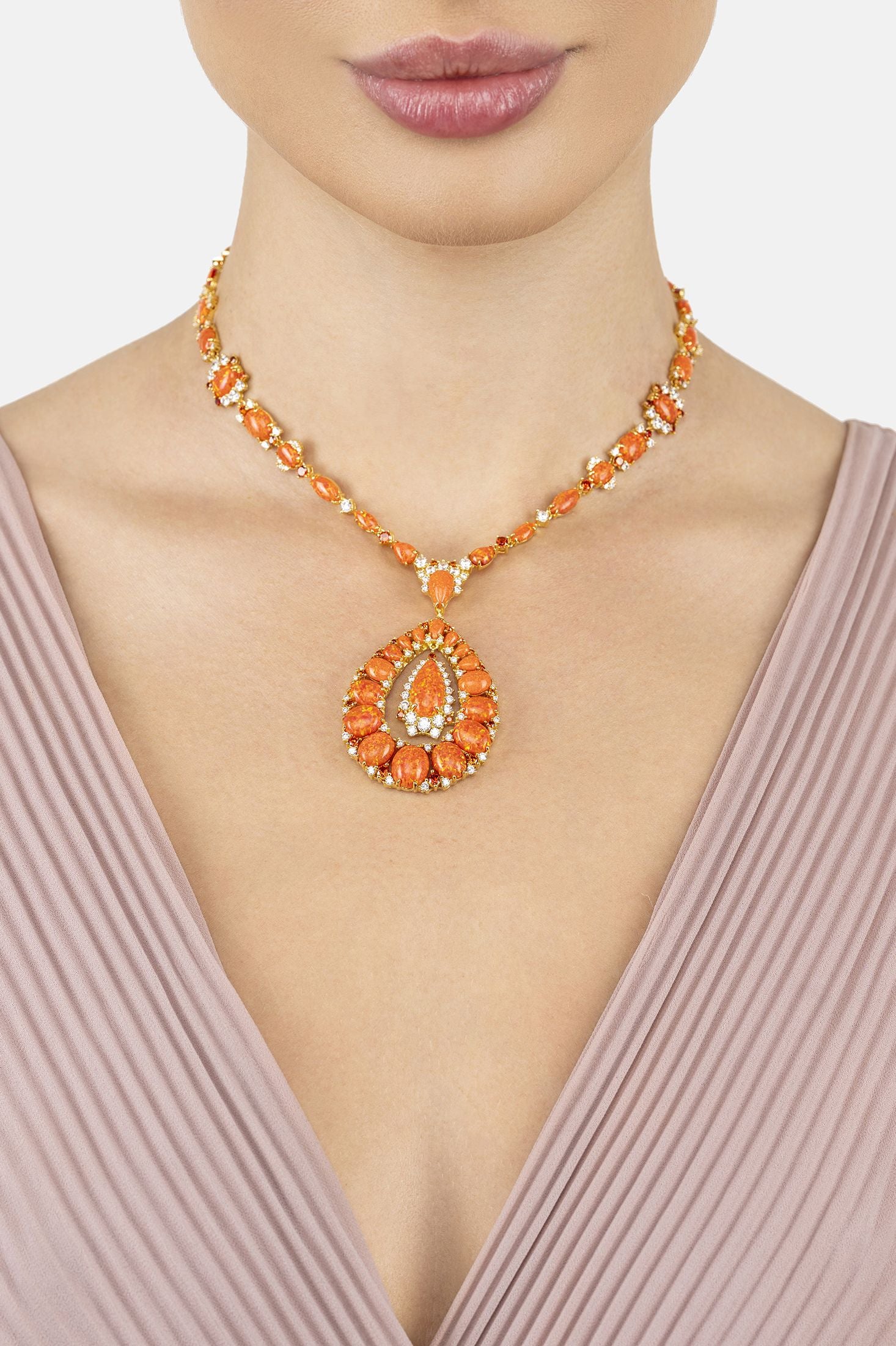 Close-up of Paloma Fire Opal Statement Necklace Gold, highlighting gold finish.