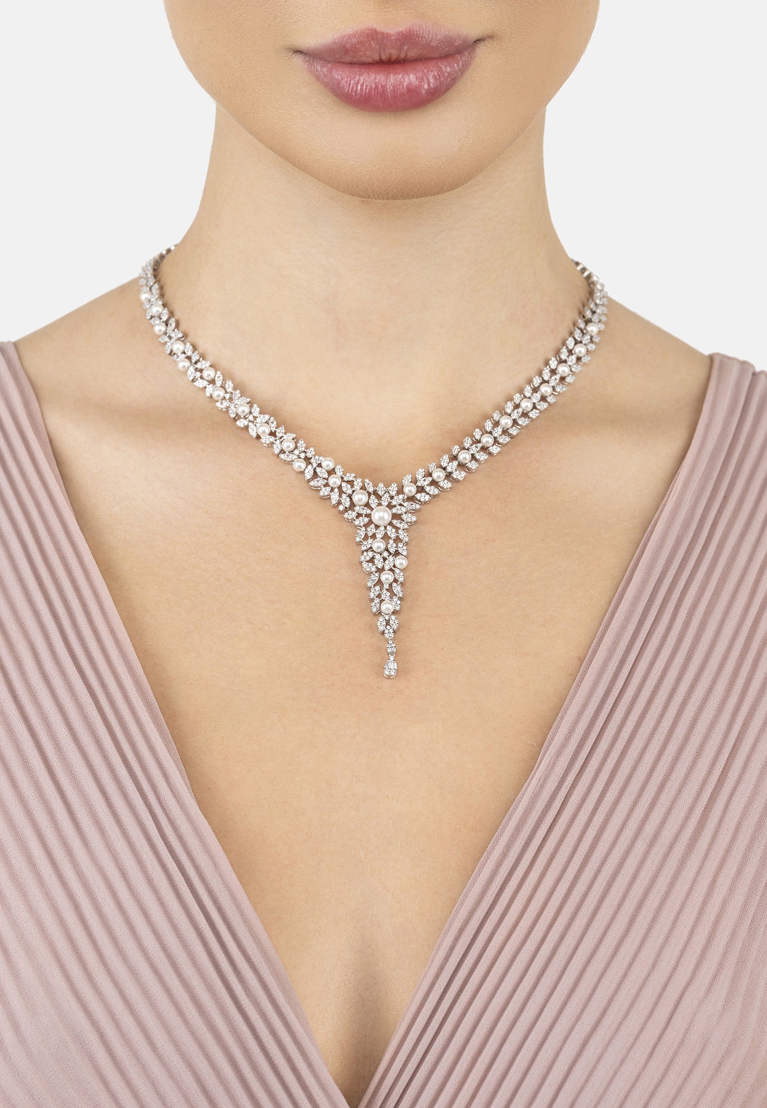 Marquise Statement Necklace Pearl Silver