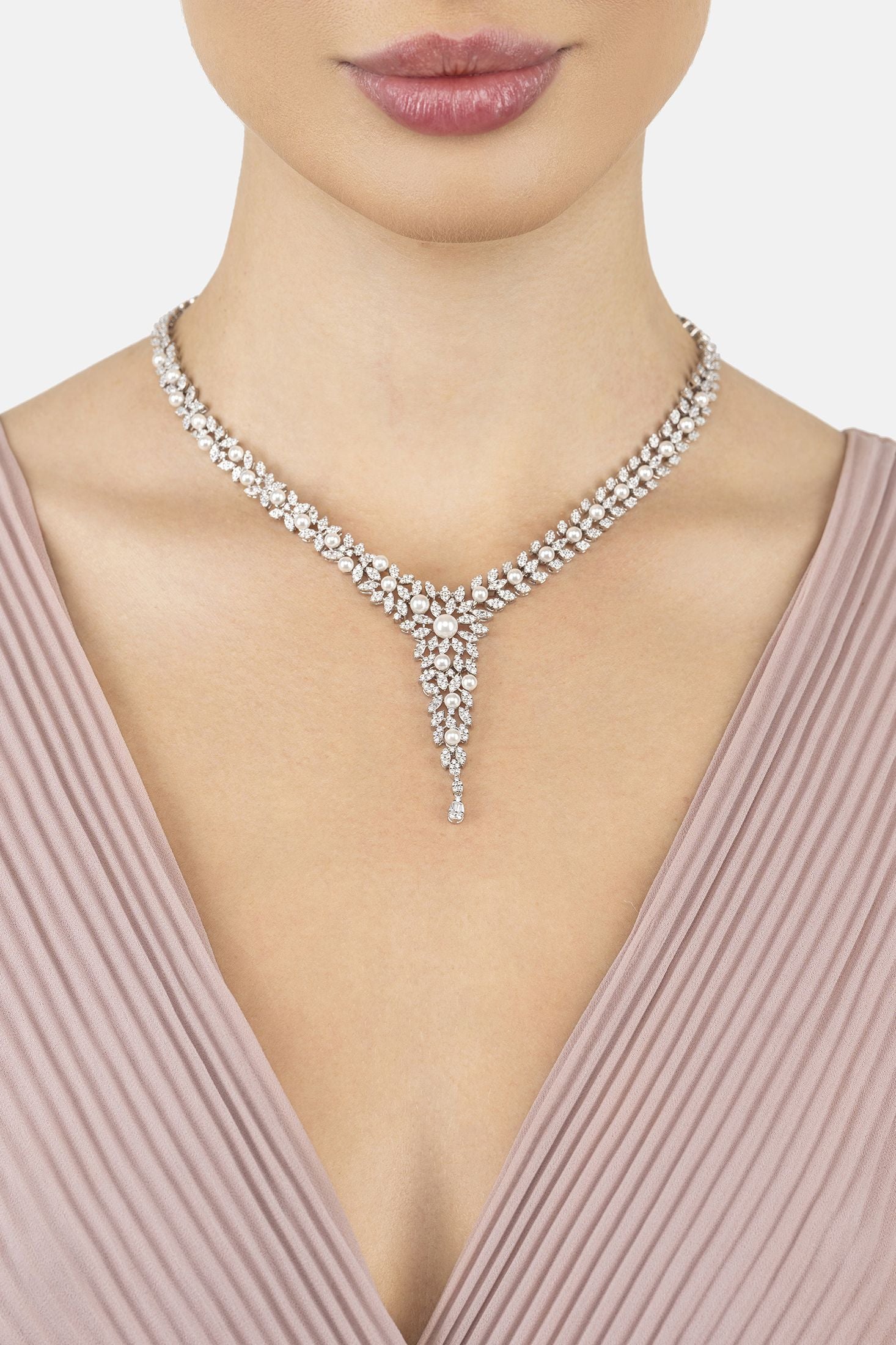 Angled view of Marquise Statement Necklace Pearl Silver, showing pearl detailing, silver finish and the jewellery profile.