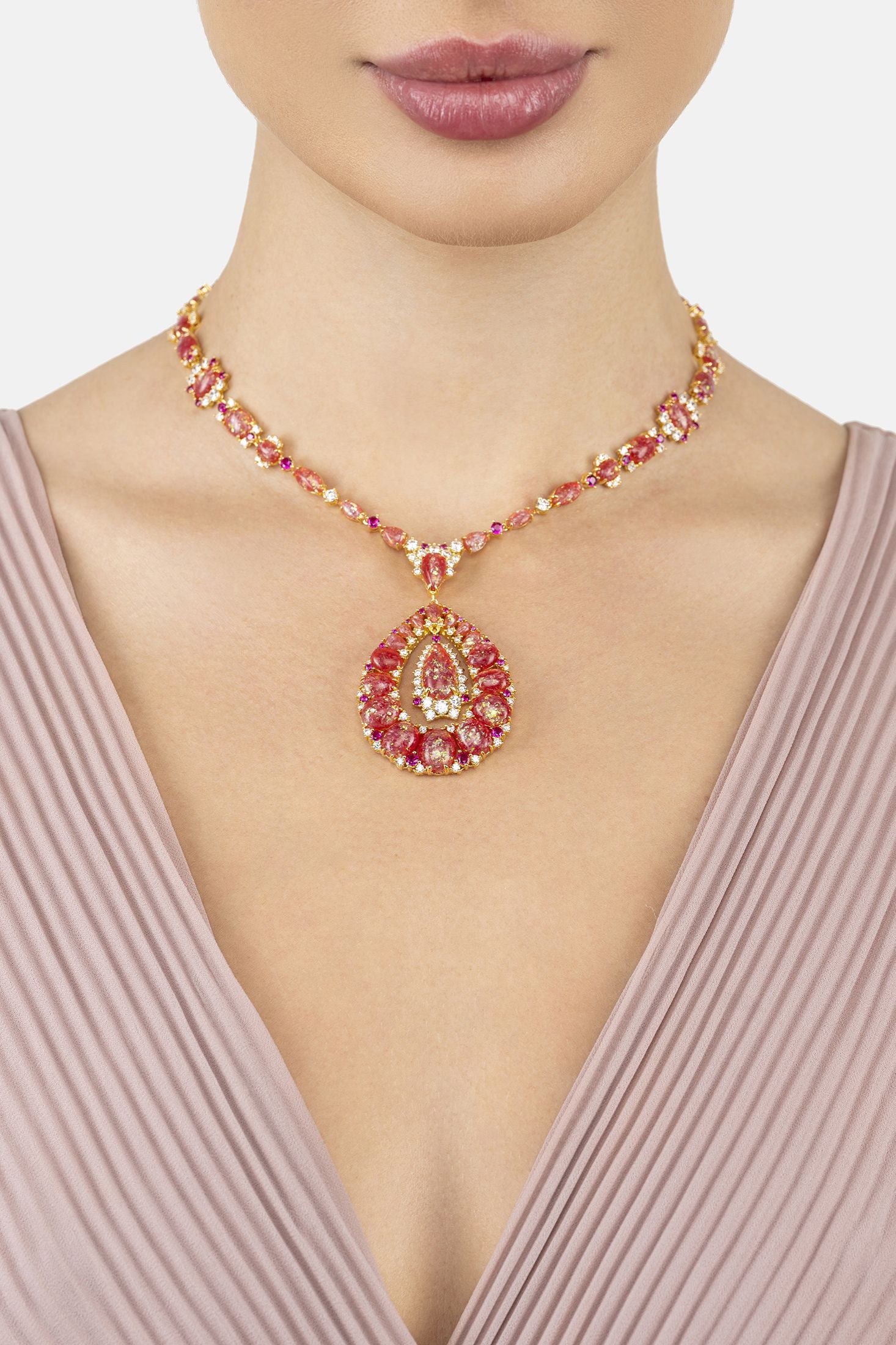 Angled view of Paloma Pink Opal Statement Necklace Gold, showing gold finish and the jewellery profile.