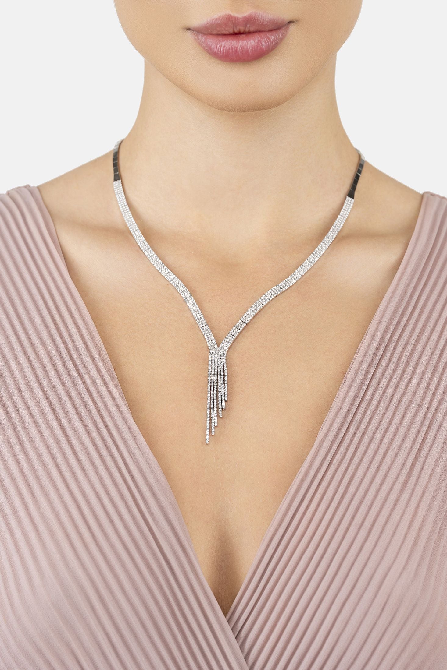 Angled view of Charleston Statement Art Deco Tennis Necklace Silver, showing silver finish and the jewellery profile.