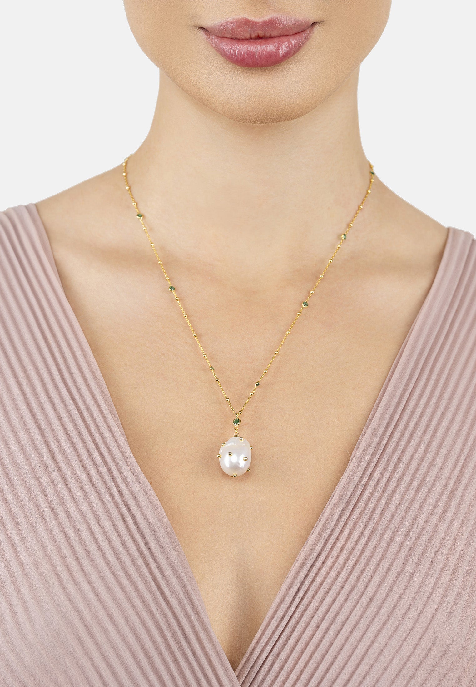 Polka Dot Baroque Pearl Pendant Necklace Gold Emerald
