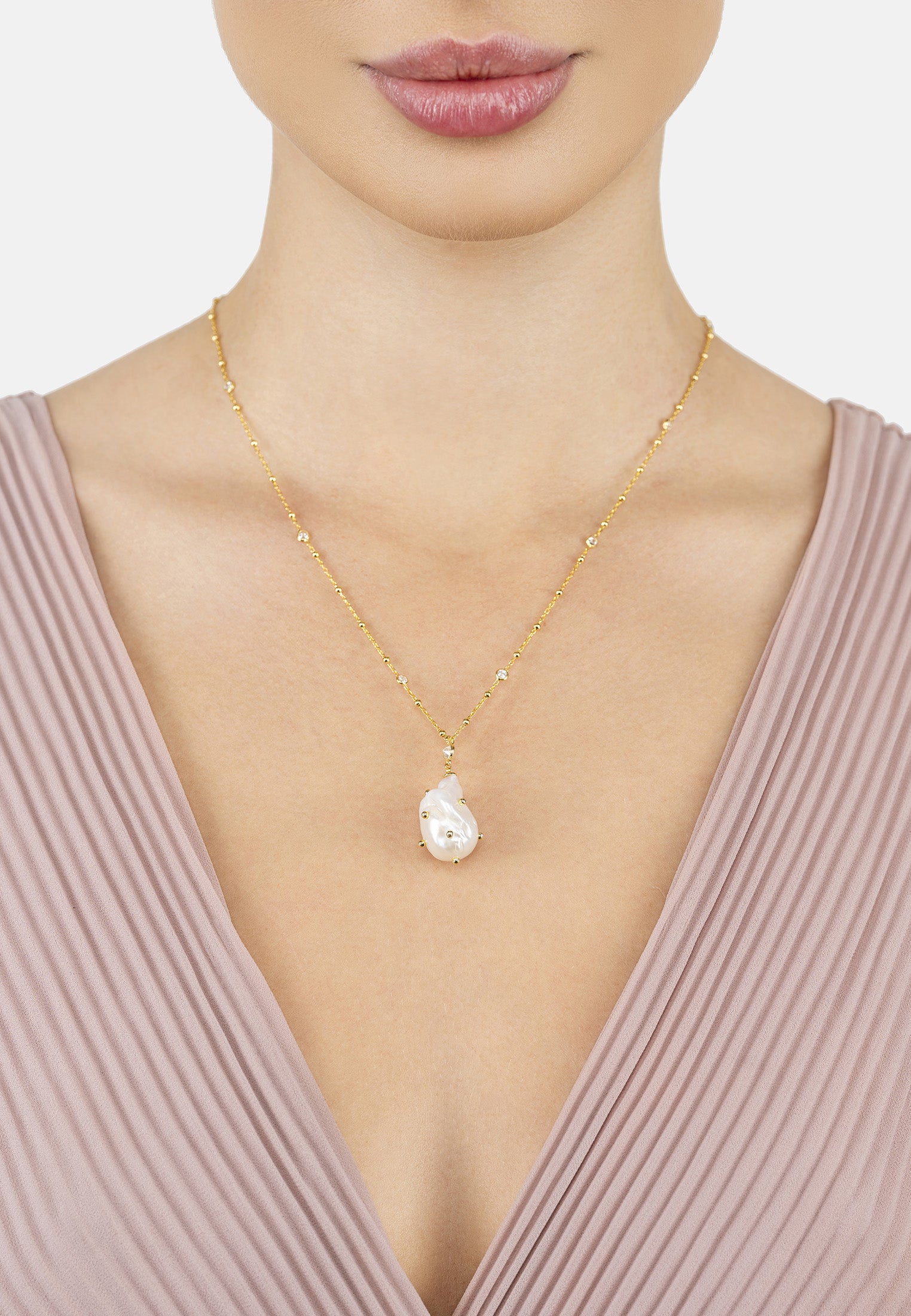 Polka Dot Baroque Pearl Pendant Necklace Gold Cz