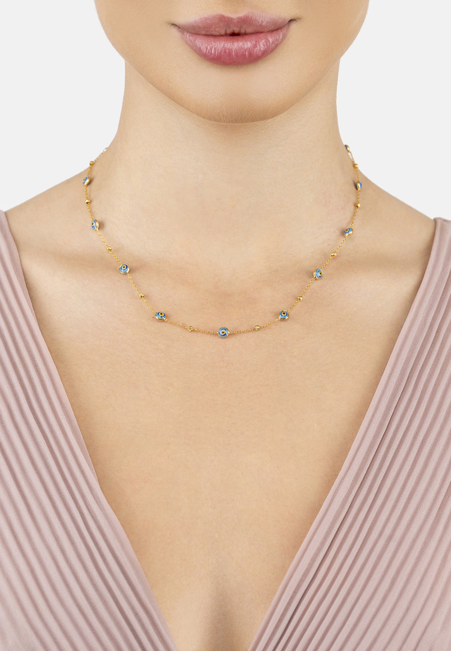 Evil Eye Blue Enamel Beaded Chain Choker Necklace Gold
