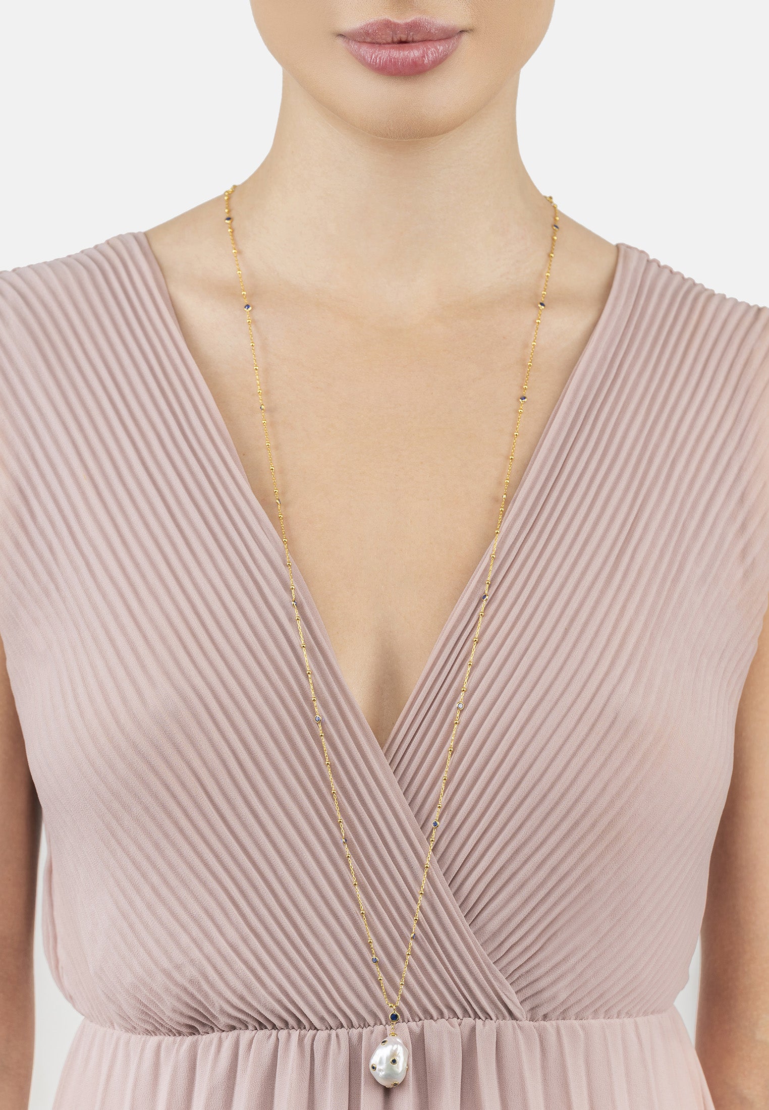 Polka Dot Baroque Pearl Long Necklace Gold Sapphire