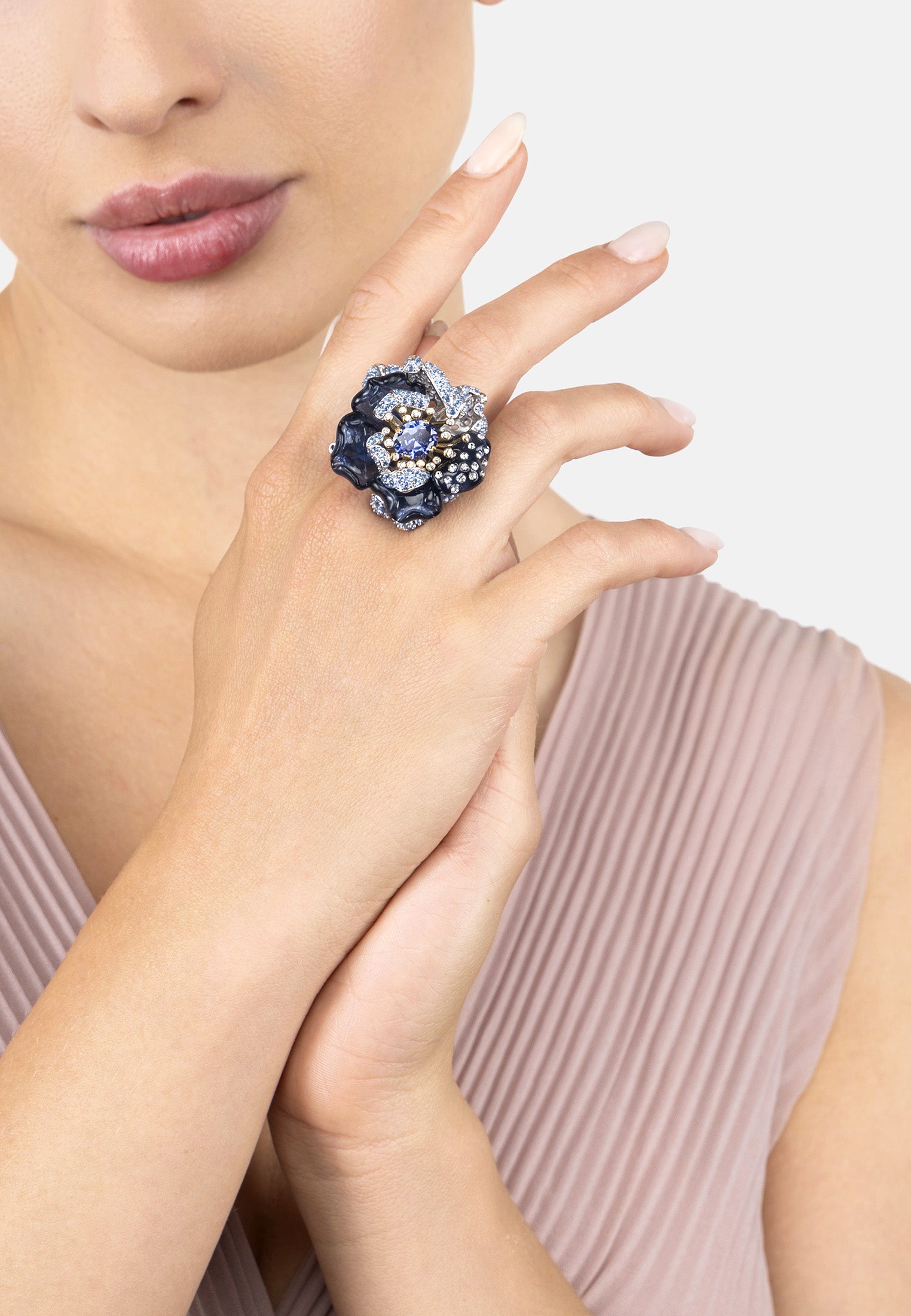 Blue Rose Flower Cocktail Ring Silver
