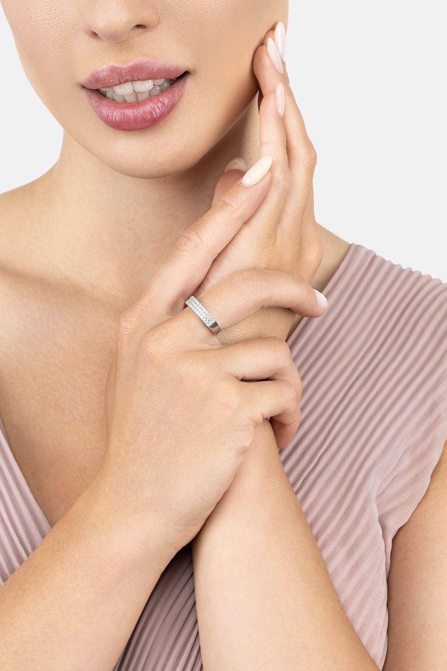 Angled view of Charleston Art Deco Cocktail Ring Silver, showing silver finish and the jewellery profile.