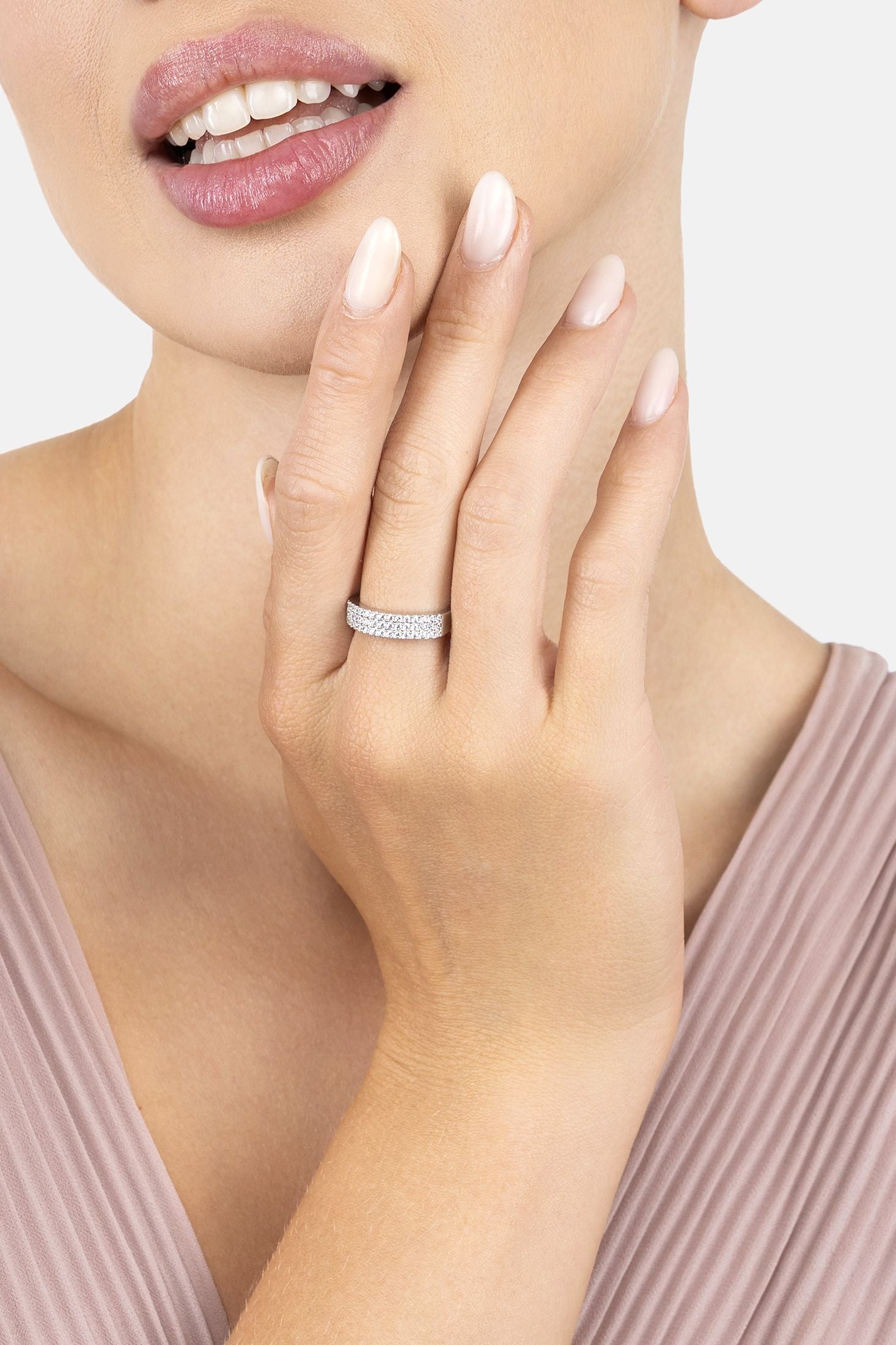 Angled view of Charleston Art Deco Cocktail Ring Silver, showing silver finish and the jewellery profile.