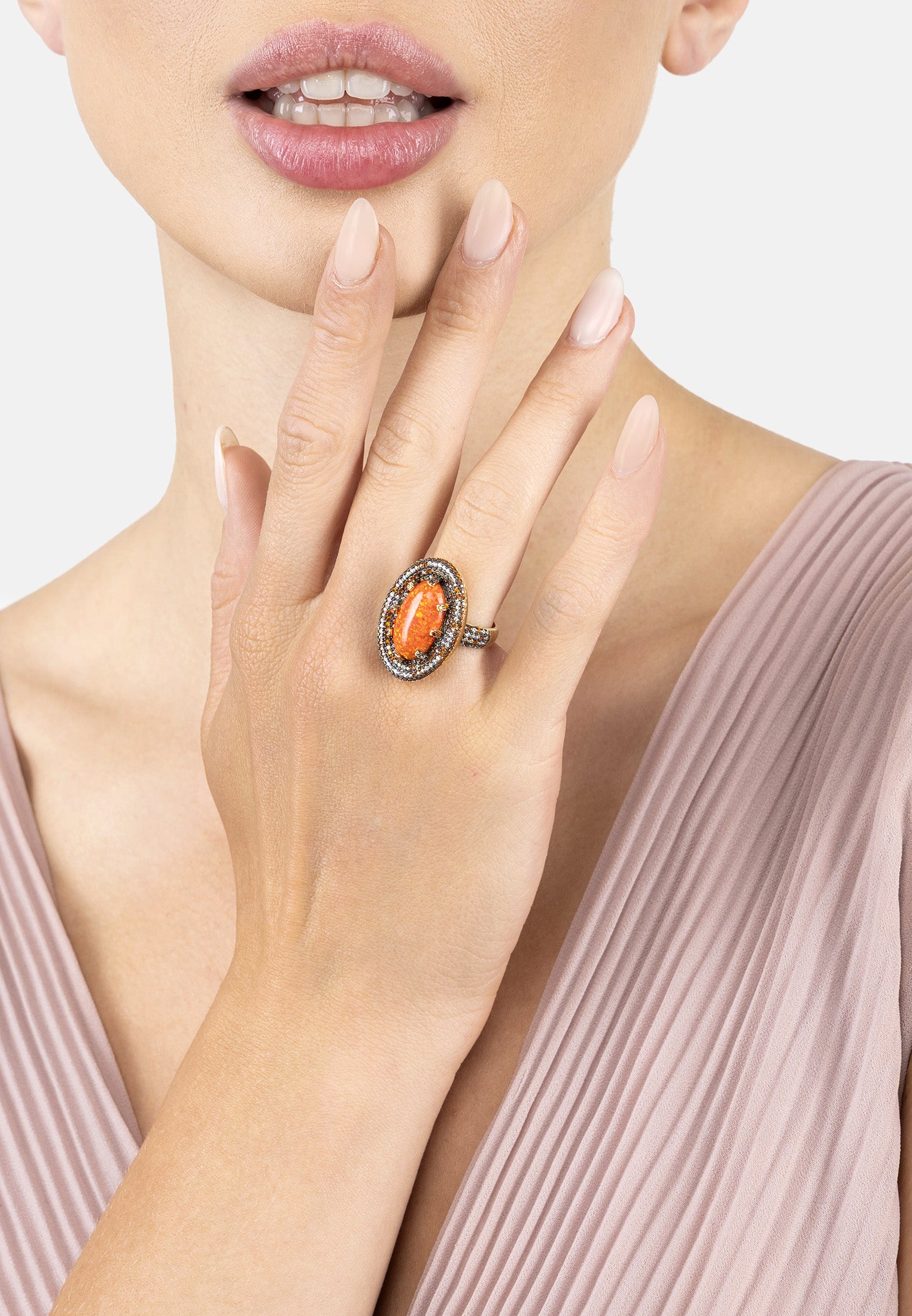 Serafina Fire Opal Cocktail Ring Gold Oxidised