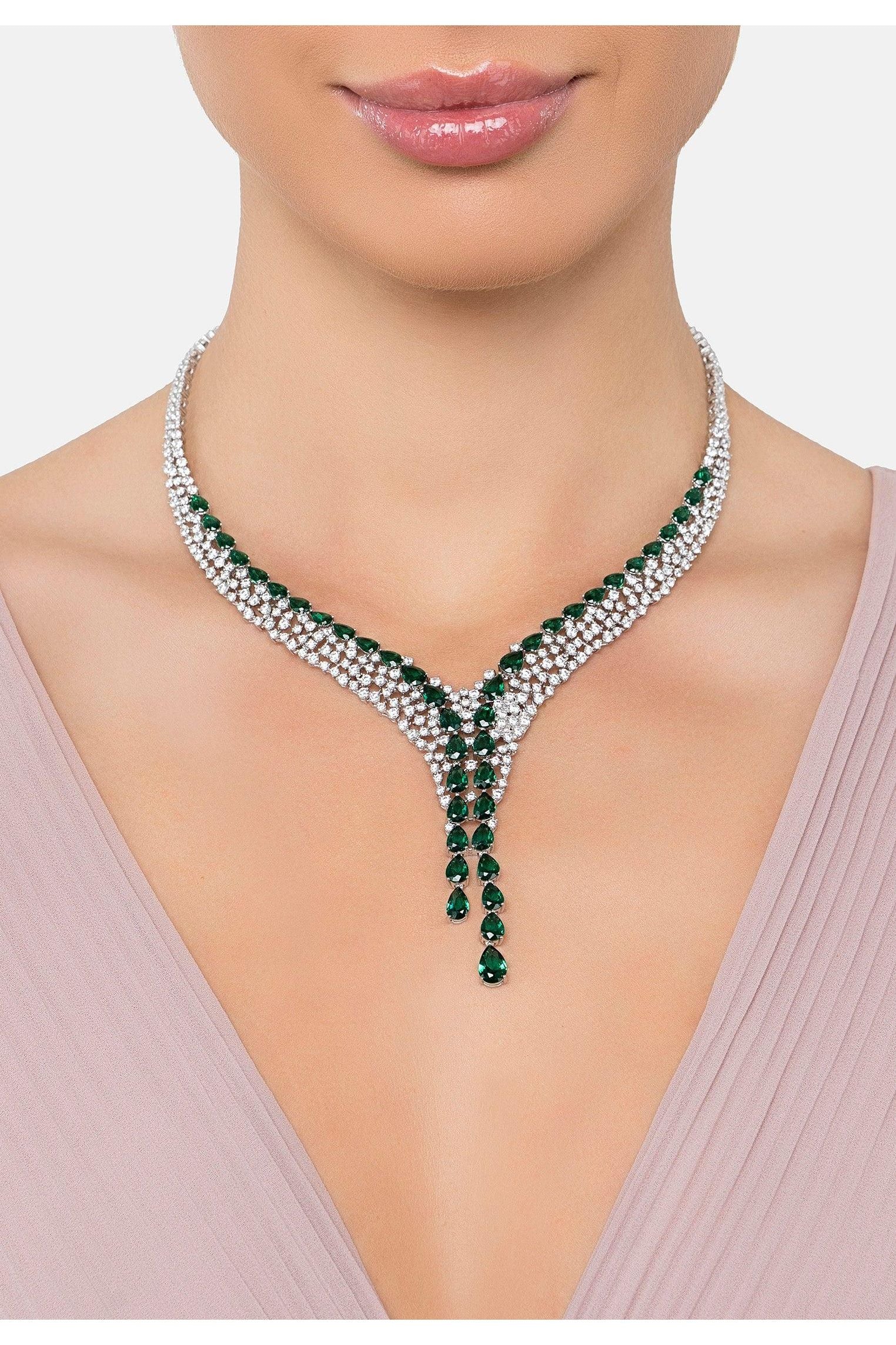The necklace worn by a model.