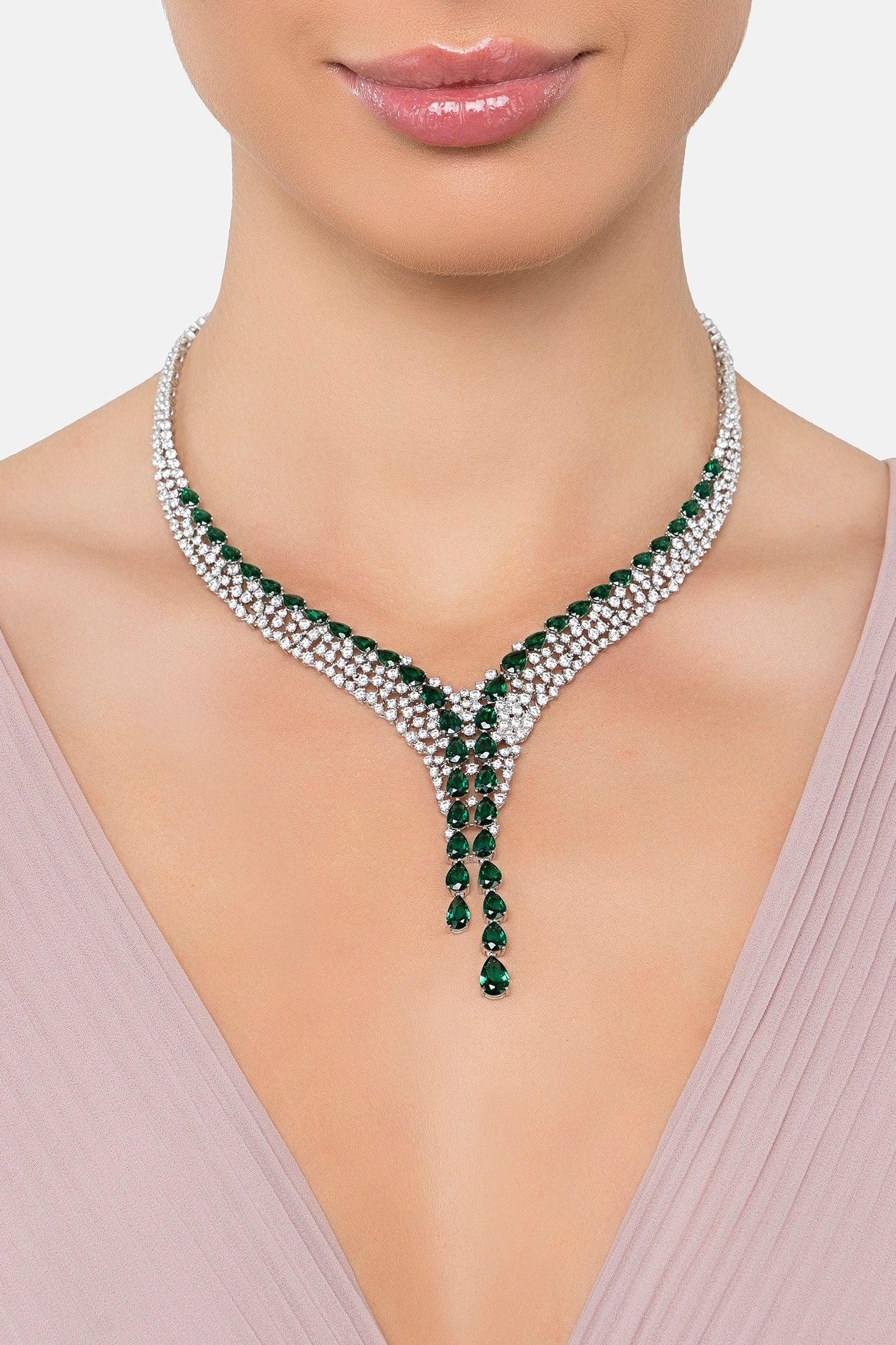 The necklace worn by a model.