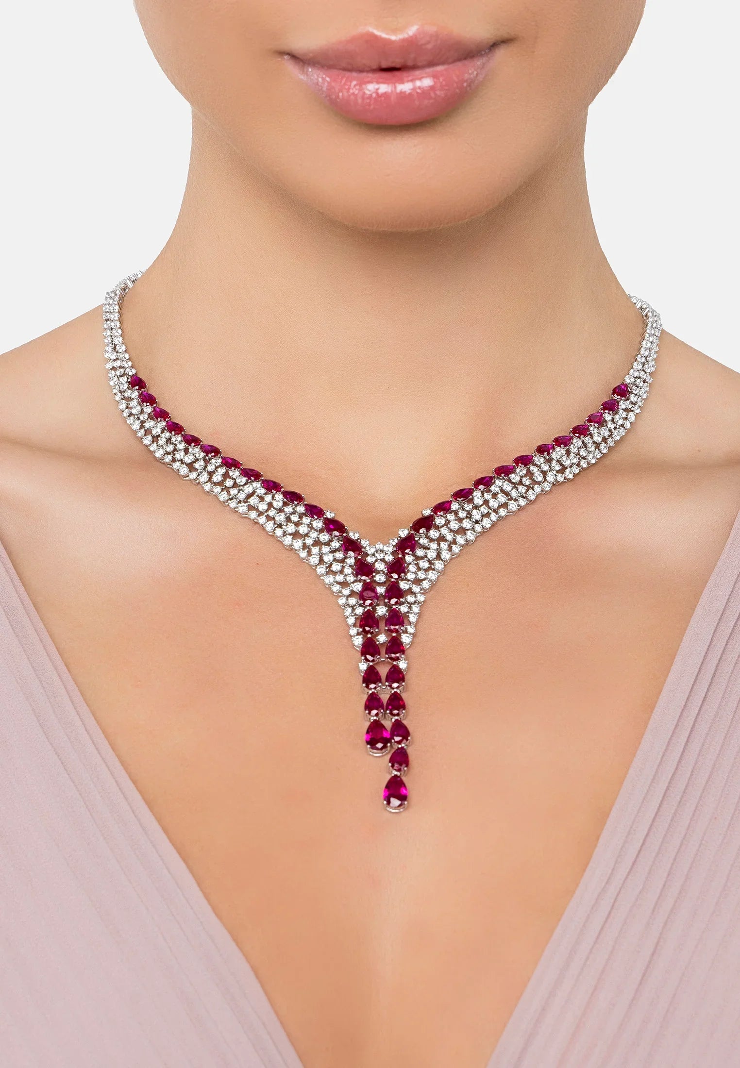 The necklace worn by a model.