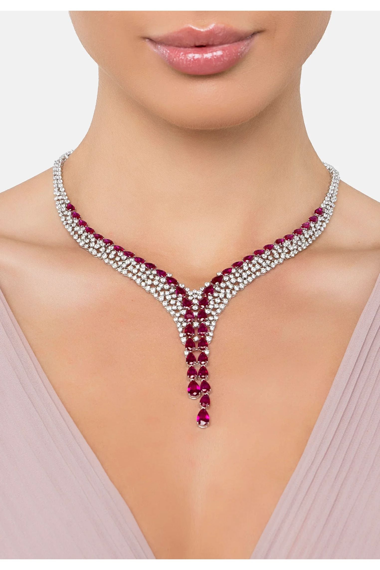 The necklace worn by a model.